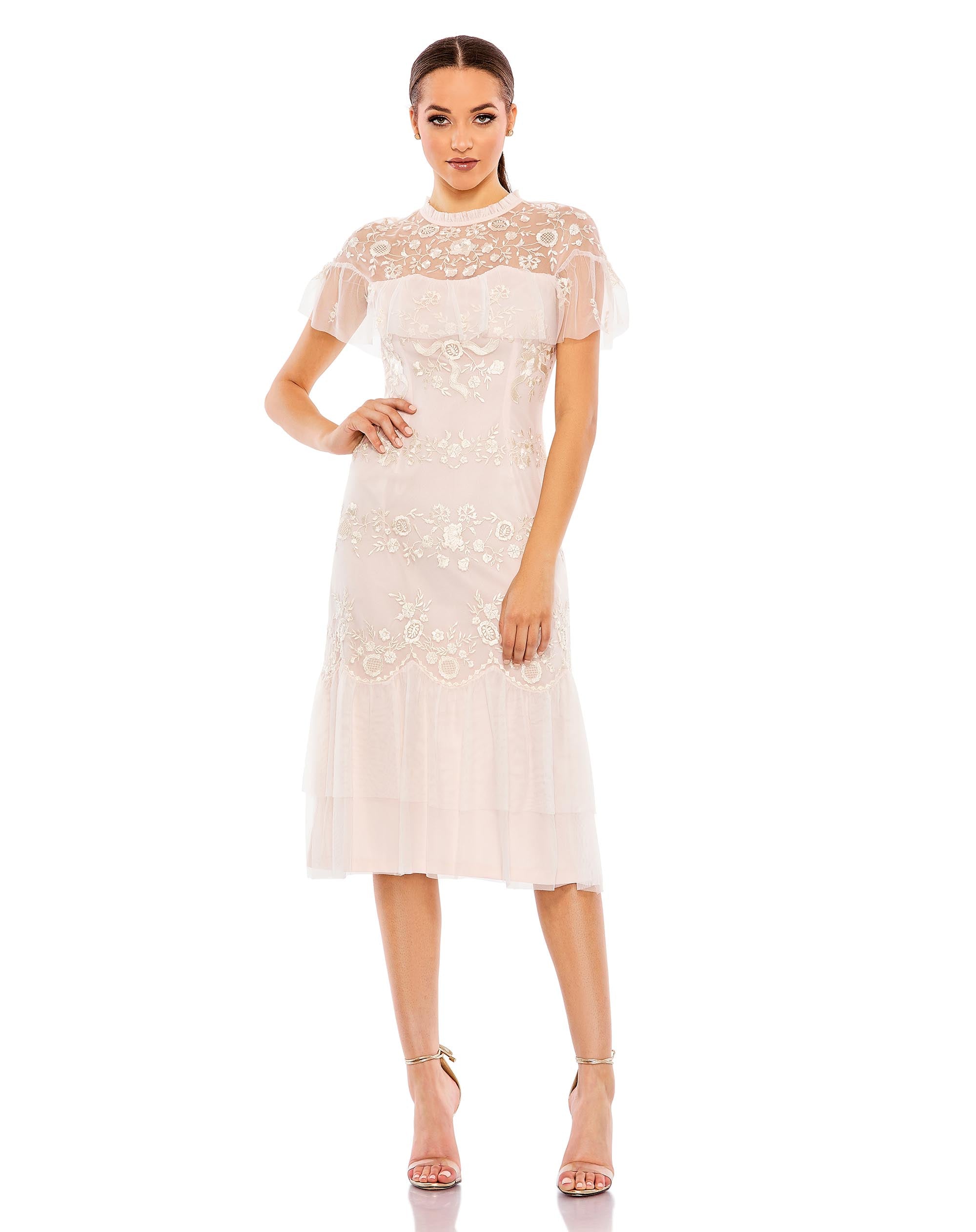 High Neck Mesh Tier Embroidered Dress