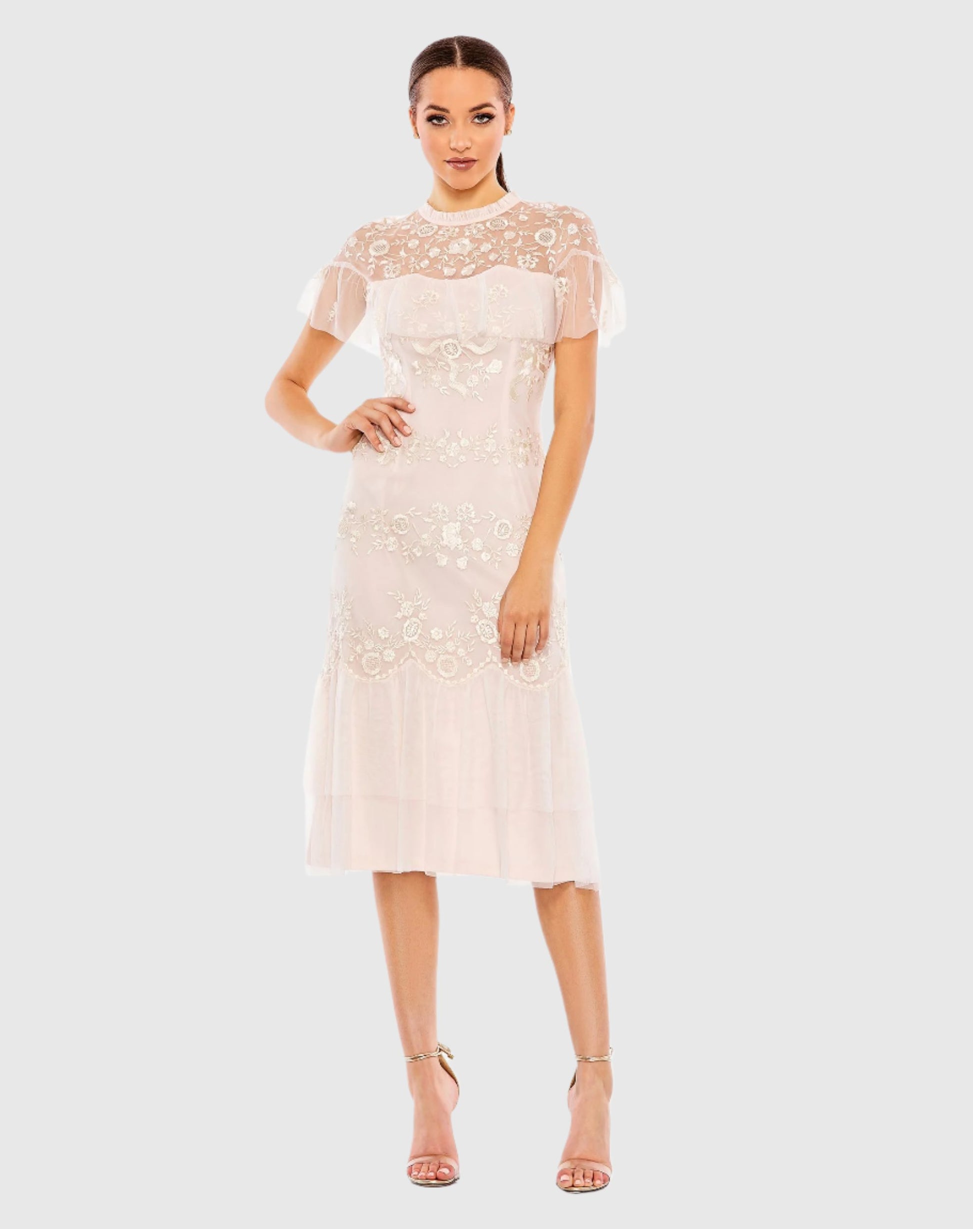 High Neck Mesh Tier Embroidered Dress