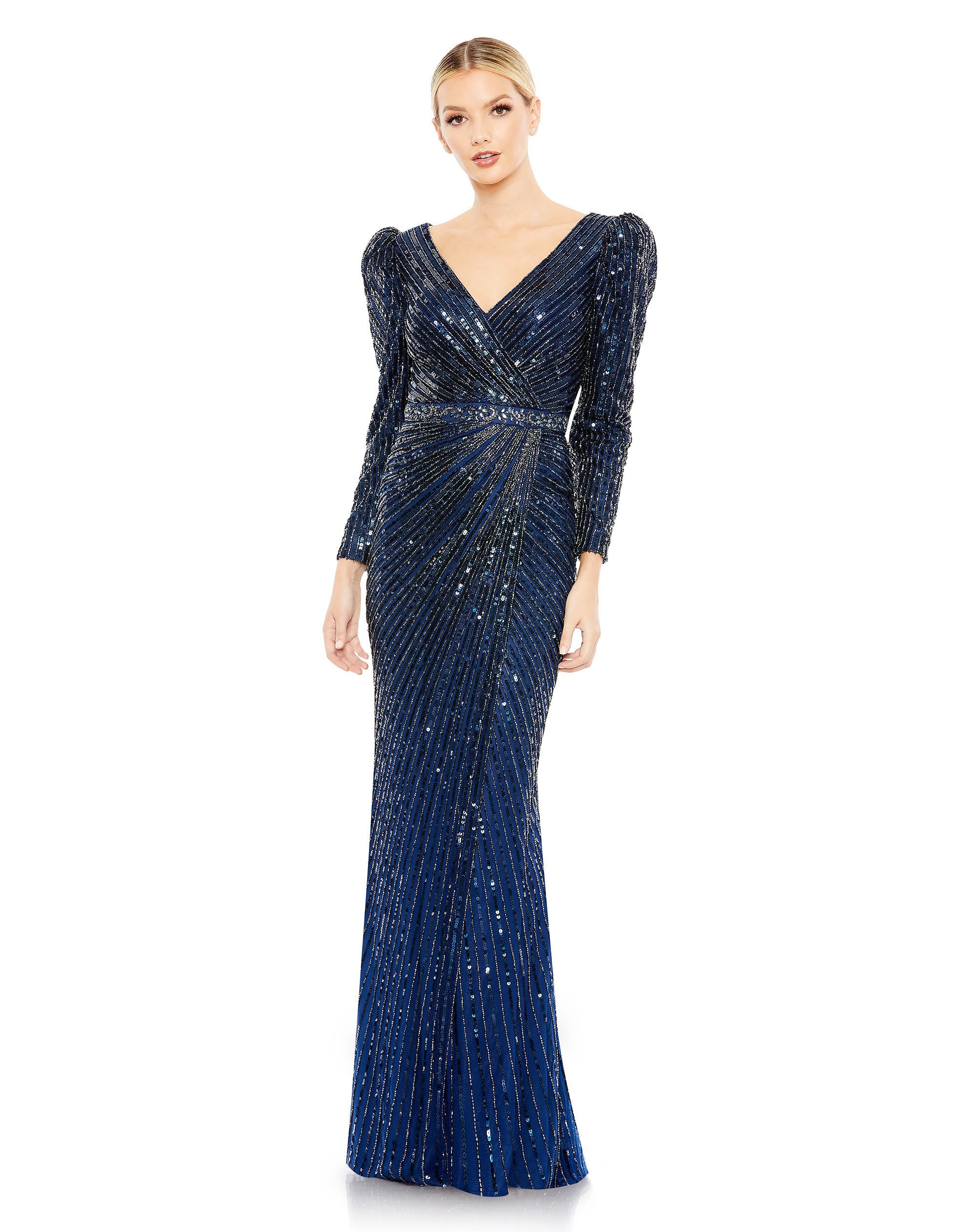 Sequined V Neck Puff Sleeve Gown