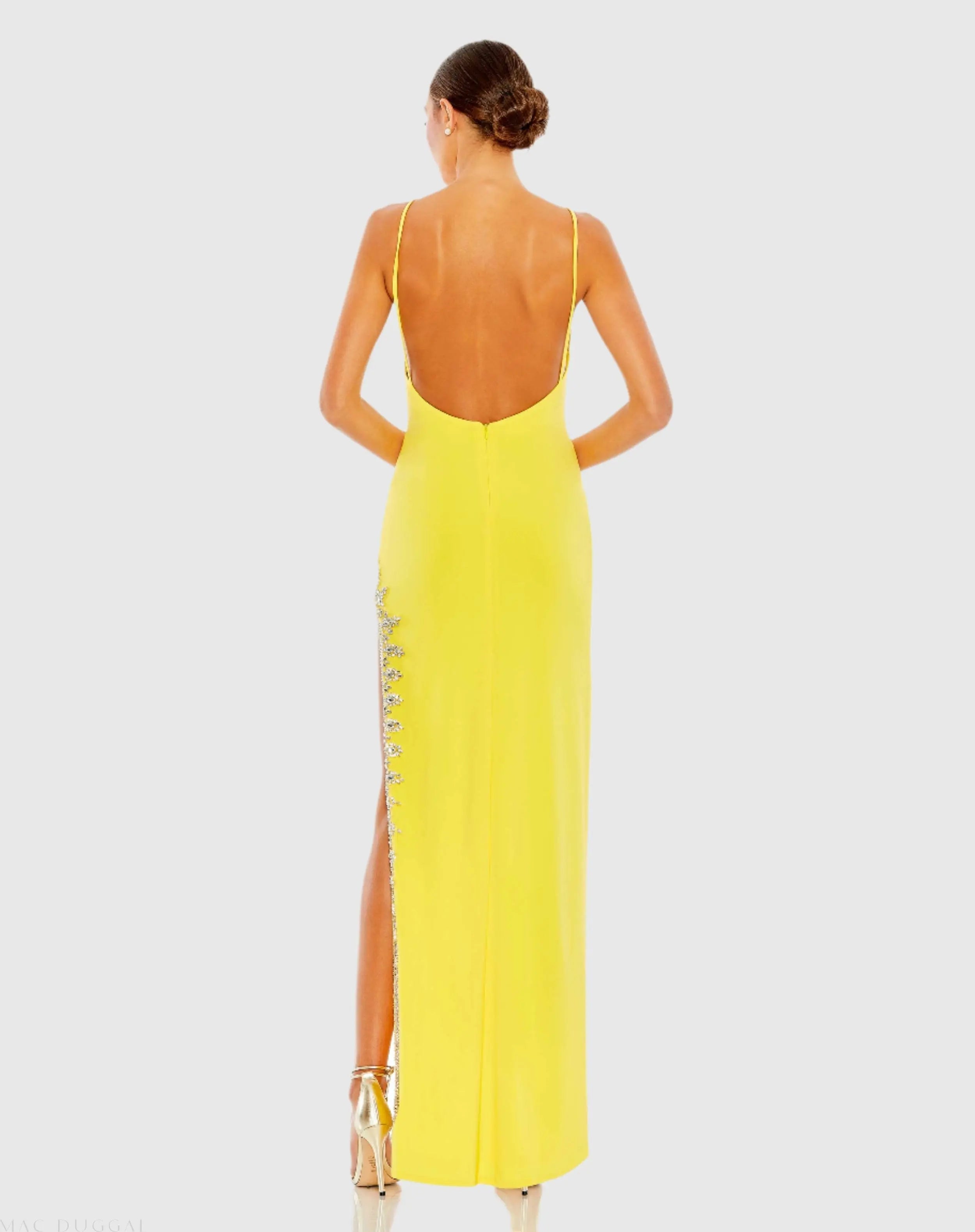 Yellow Rhinestone Encrusted Side Slit Cami Bodycon Gown - Mac Duggal