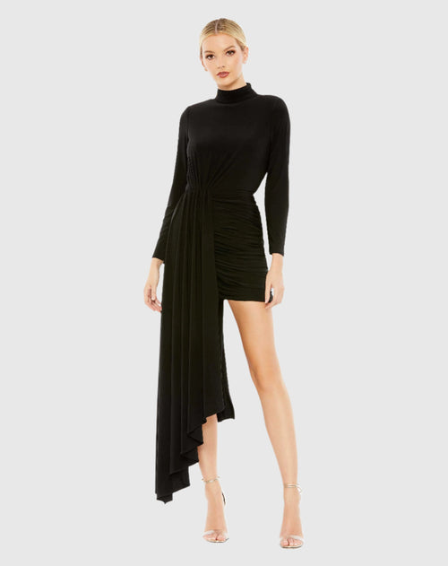 Jersey High Neck Asymmetrical Draped High Low Dress