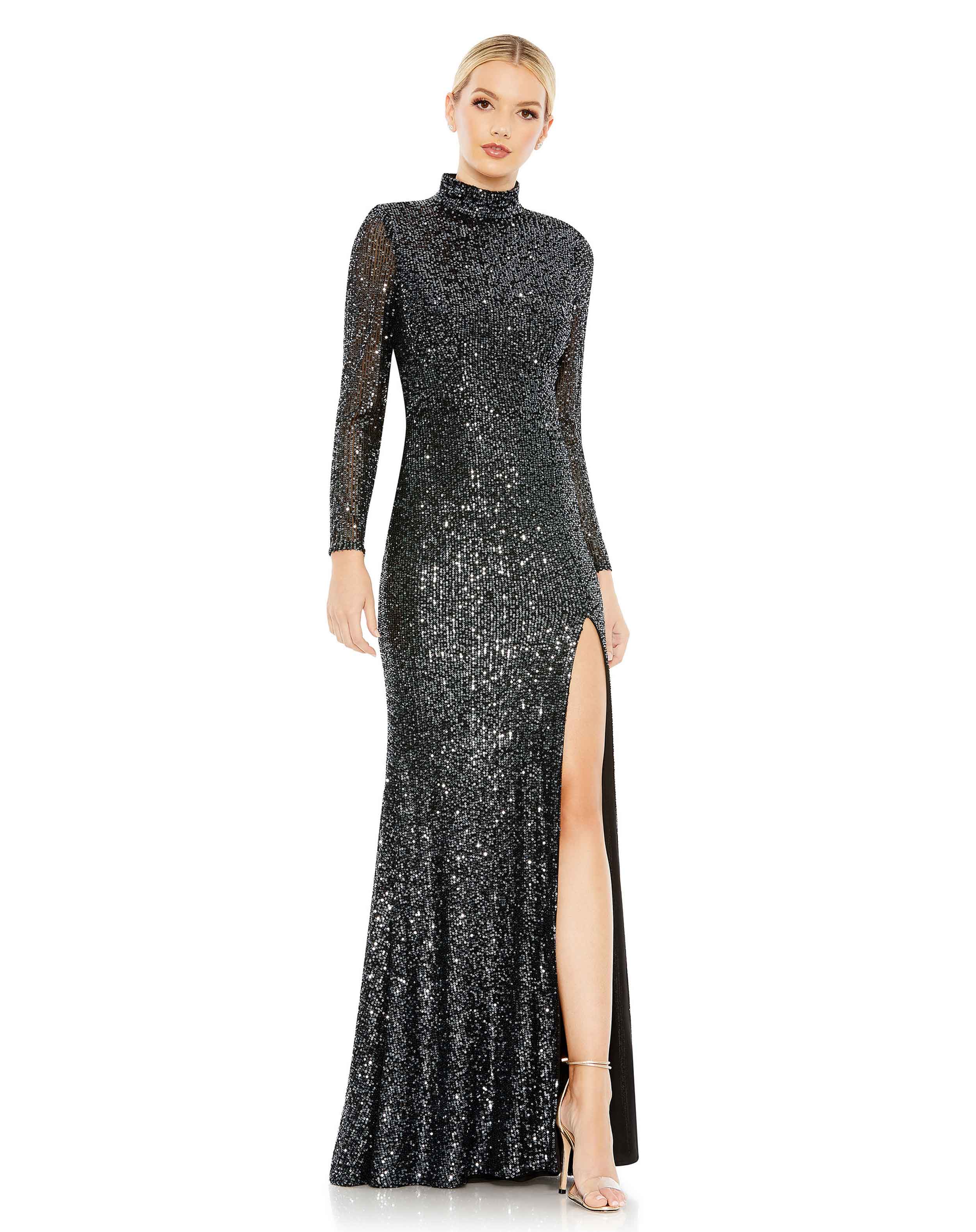 Sequined High Neck Long Sleeve Lace Up Gown