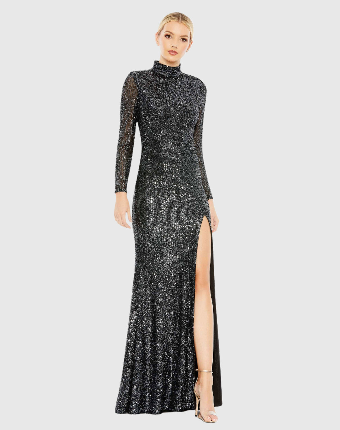 Sequined High Neck Long Sleeve Lace Up Gown