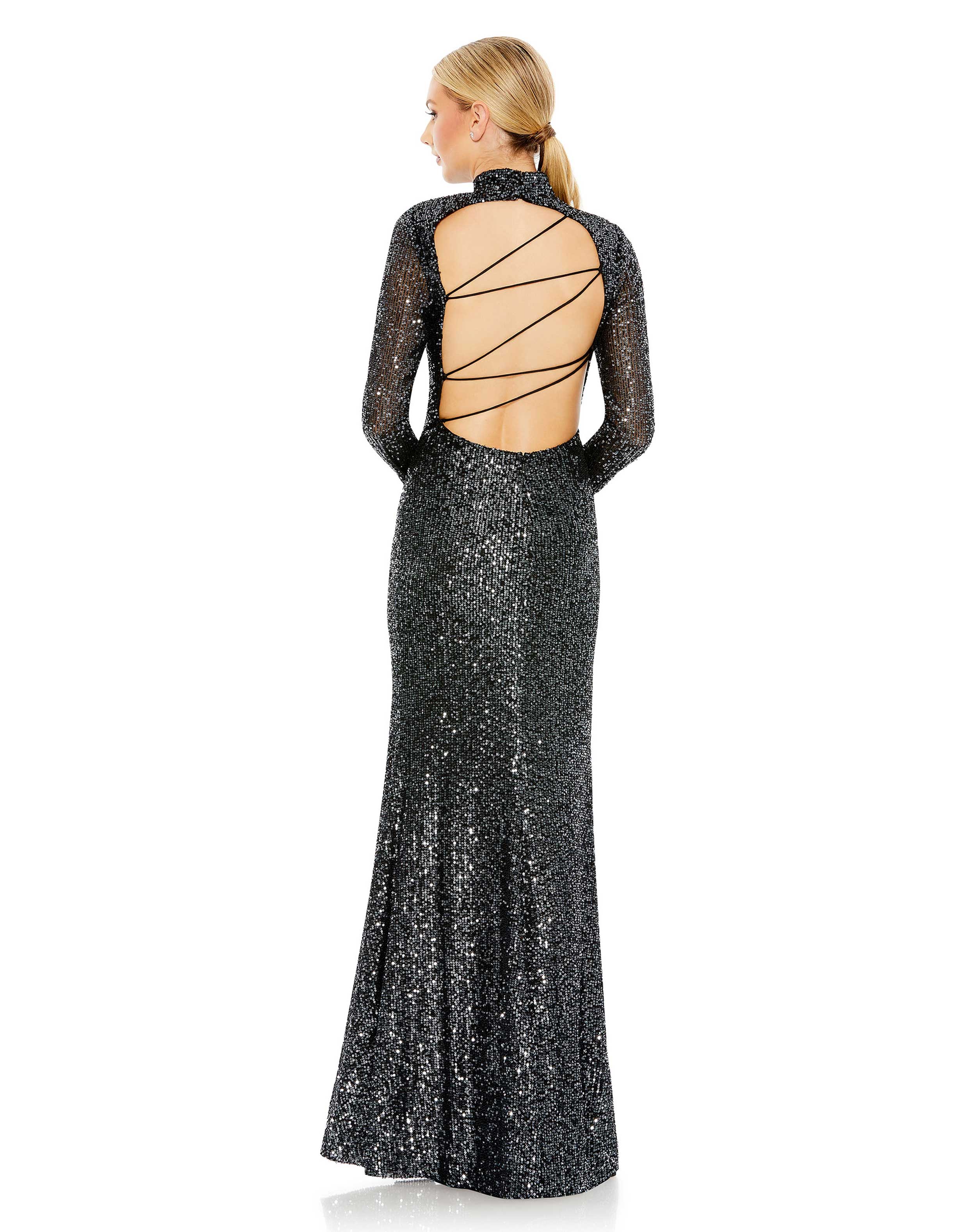 Sequined High Neck Long Sleeve Lace Up Gown - FINAL SALE