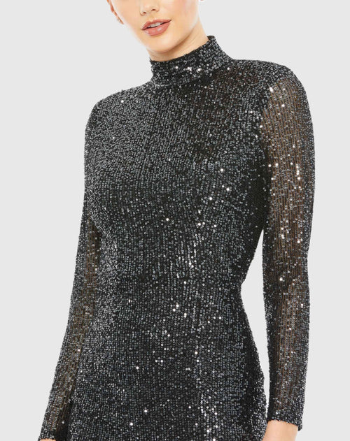 Sequined High Neck Long Sleeve Lace Up Gown - FINAL SALE