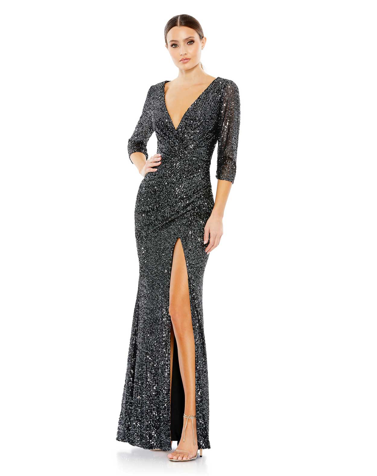 Sequined Draped 3/4 Sleeve Gown