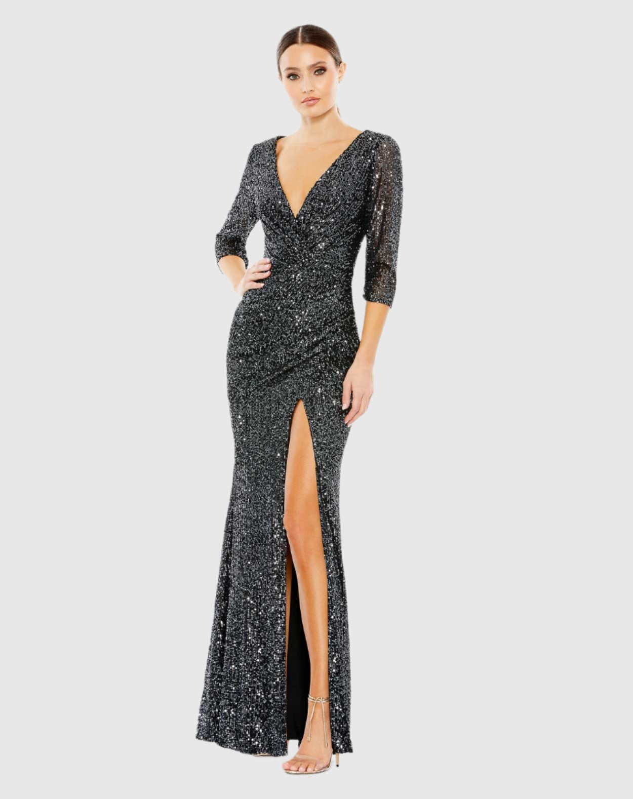 Sequined Draped 3/4 Sleeve Gown