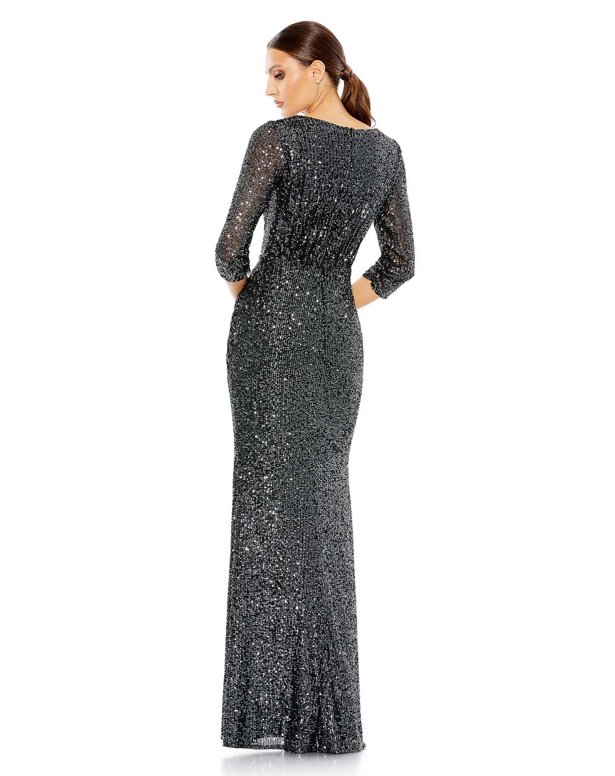 Sequined Draped 3/4 Sleeve Gown