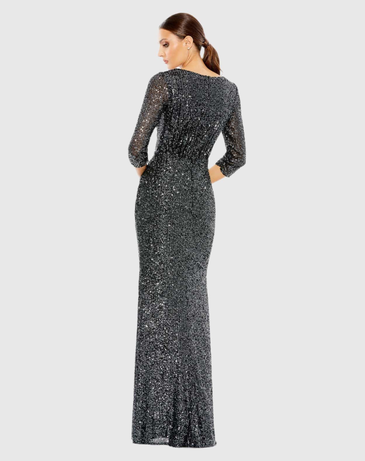 Sequined Draped 3/4 Sleeve Gown