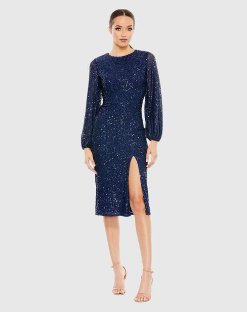 Sequined Puff Sleeve High Neck Dress