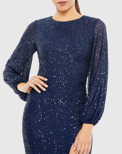 Robe à paillettes et col montant à manches bouffantes - VENTE FINALE