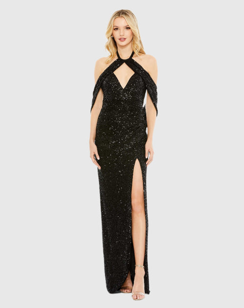 Sequined Draped Sleeveless Keyhole Cowl Back Gown