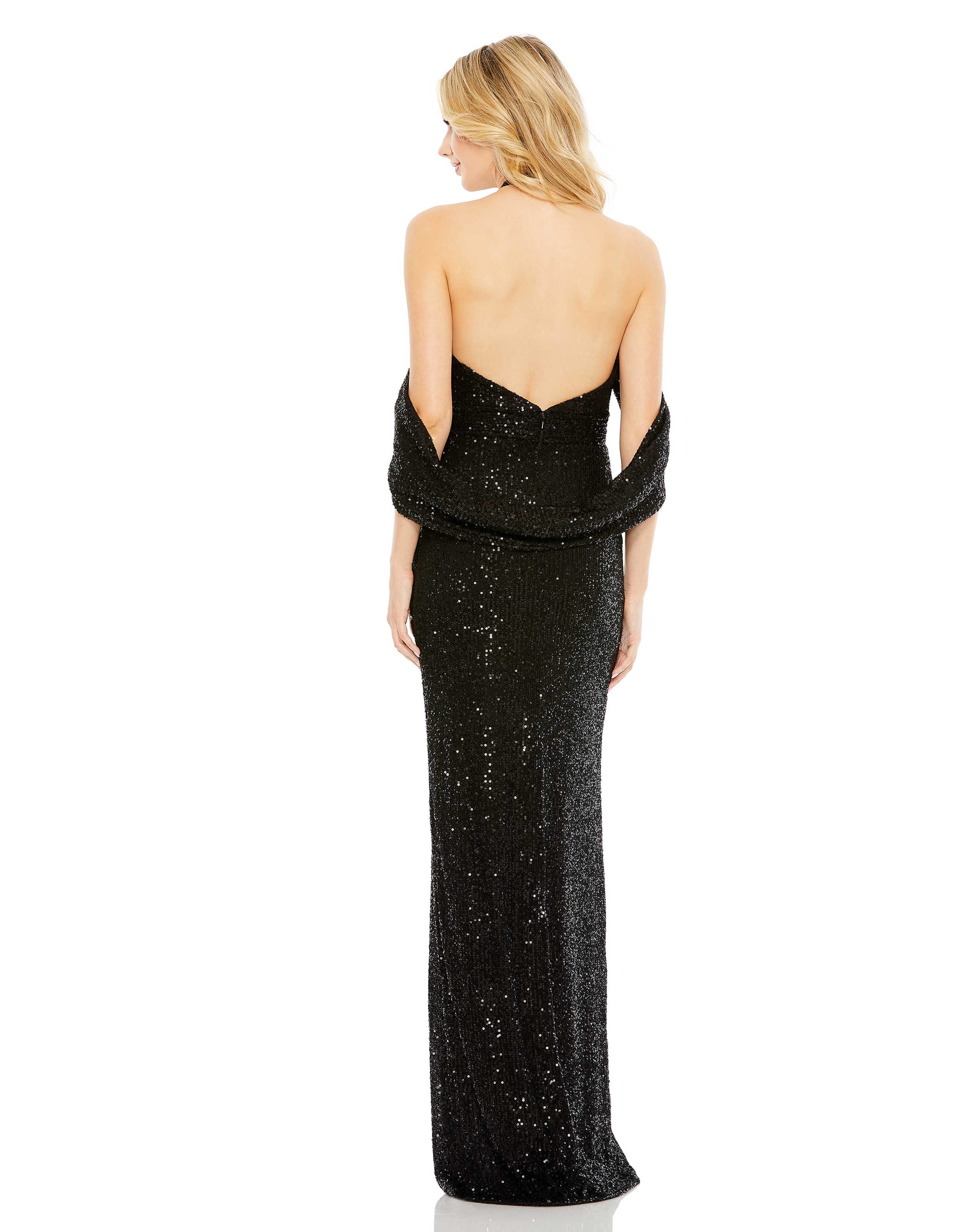 Sequined Draped Sleeveless Keyhole Cowl Back Gown