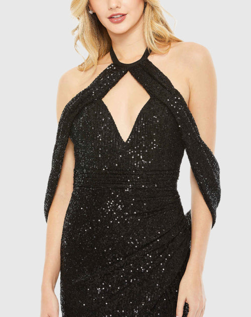 Sequined Draped Sleeveless Keyhole Cowl Back Gown