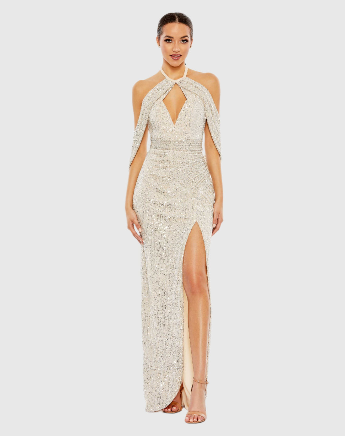 Sequined Draped Sleeveless Keyhole Cowl Back Gown