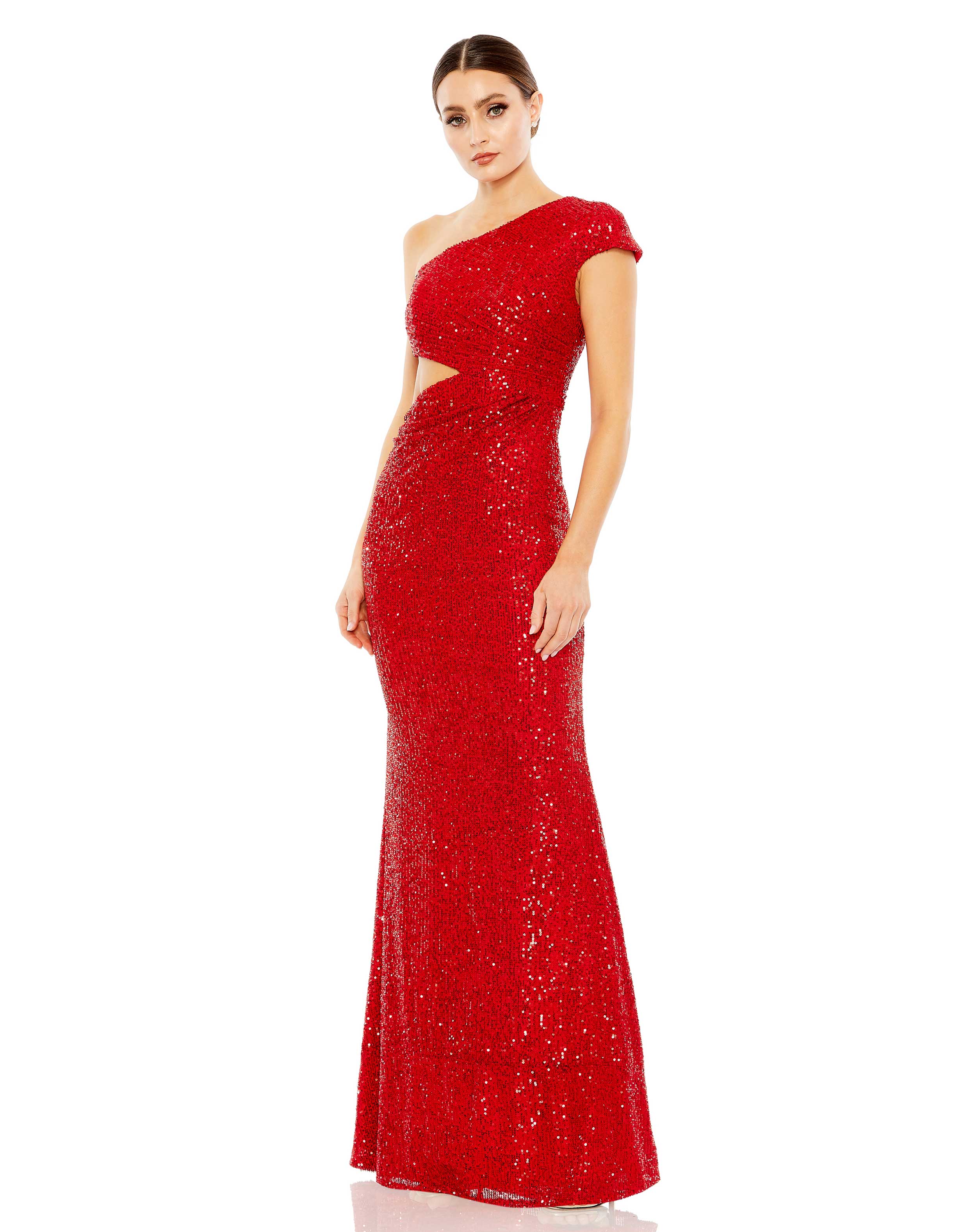 Sequined One Shoulder Cap Sleeve Cut Out Gown - FINAL SALE