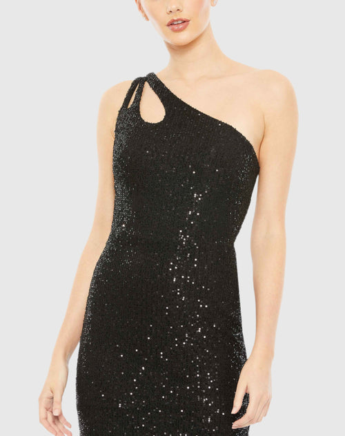 Sequined Strappy One Shoulder Column Gown