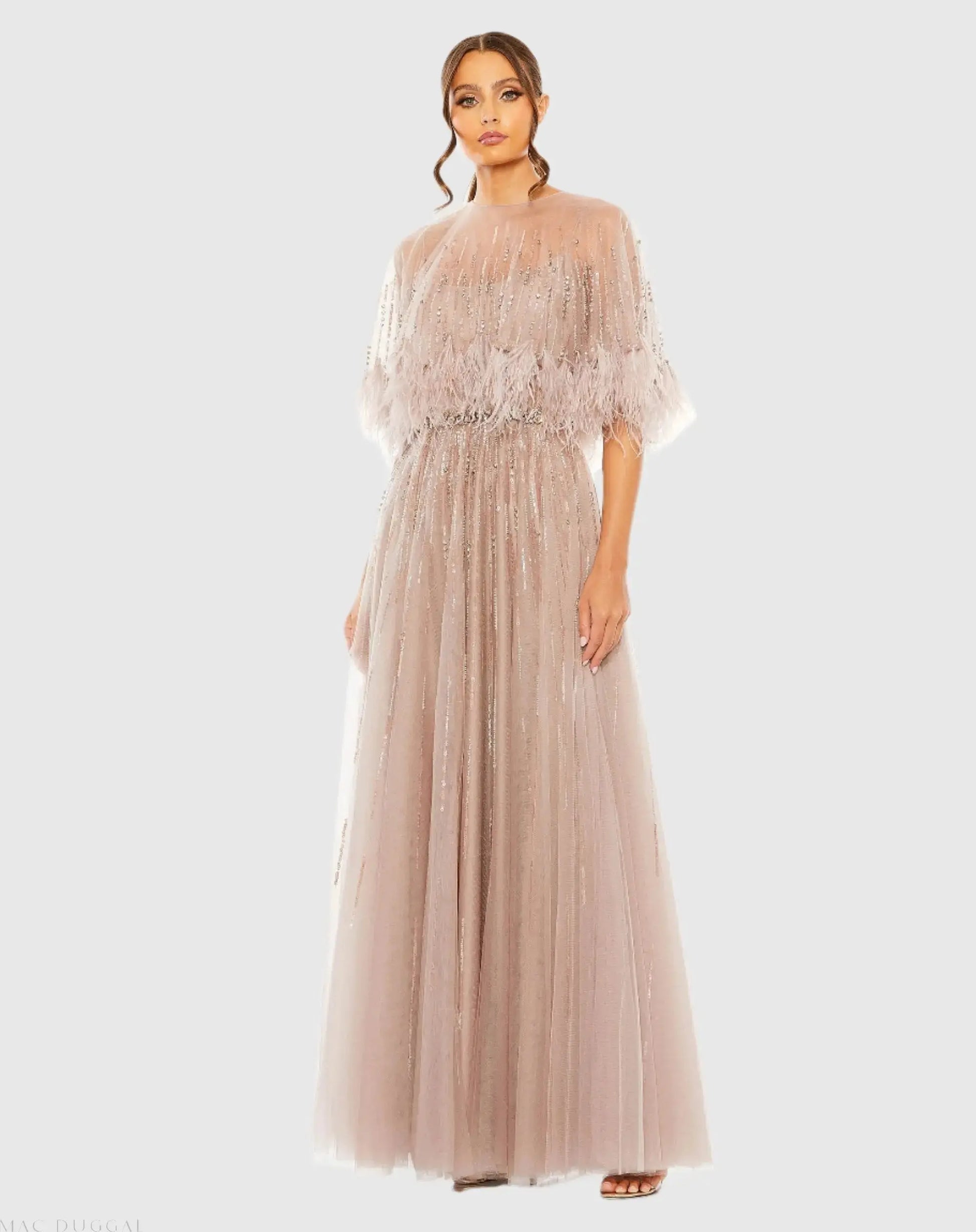 Mac Duggal Women's Embellished A Line Dress with Feather Detail Cape - Mocha Mac Duggal Women's Embellished A Line Dress with Feather Detail Cape - Mocha