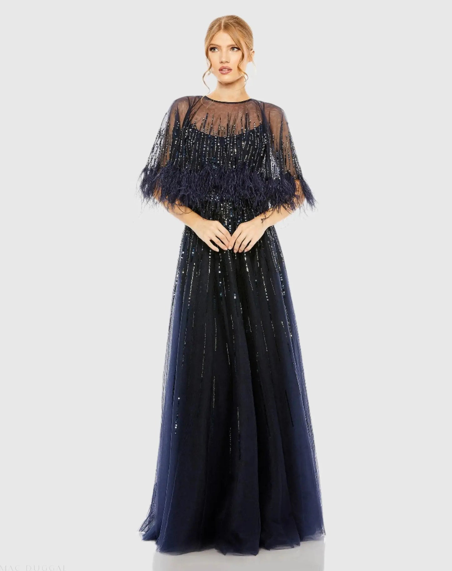 Blue Embellished A Line Gown with Feather Detail Cape - Mac Duggal
