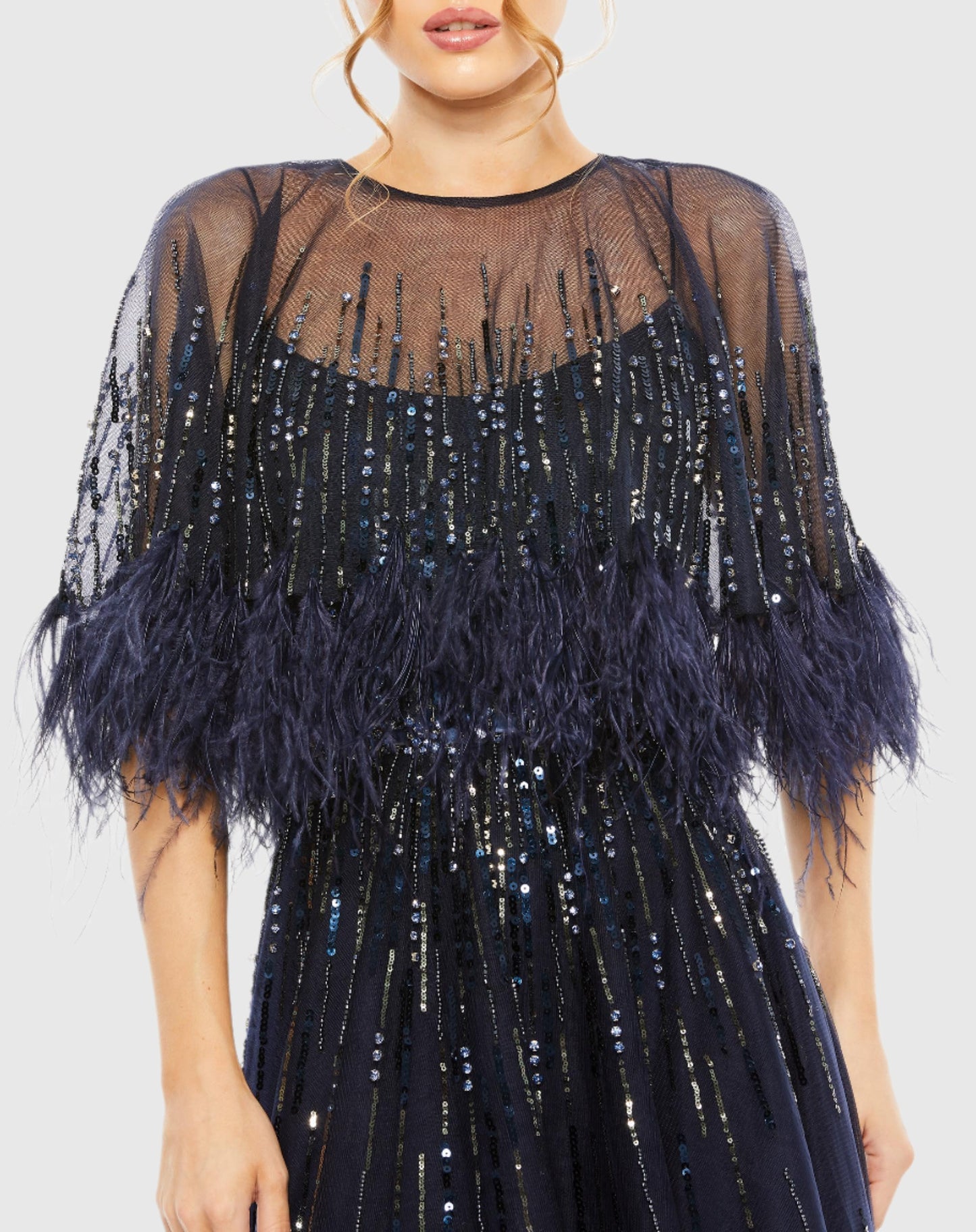 Embellished A Line Dress with Feather Detail Cape