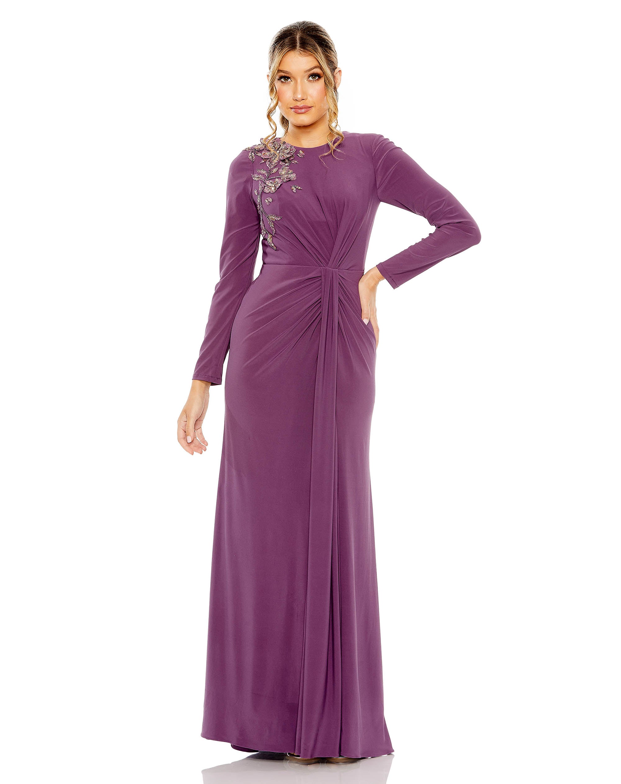Jersey High Neck Long Sleeve Embellished Gown