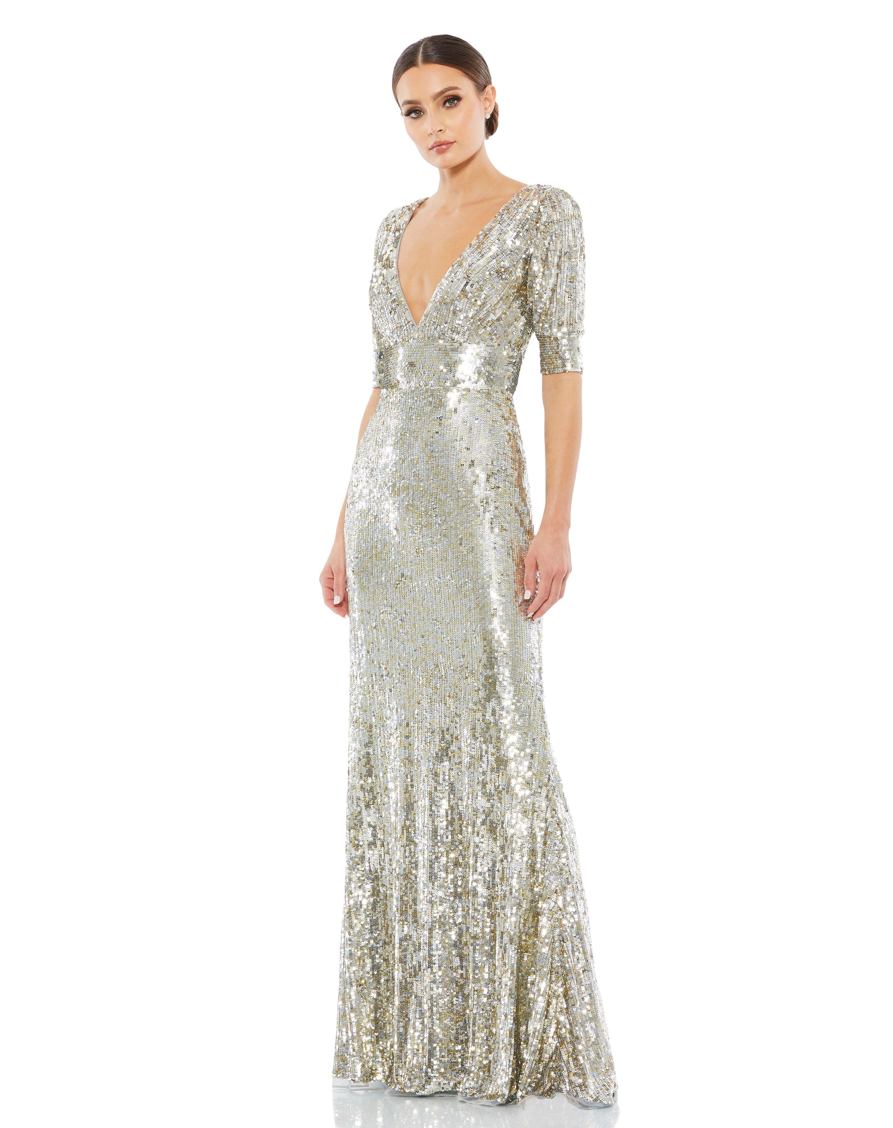 Sequined Short Sleeve Evening Gown - FINAL SALE