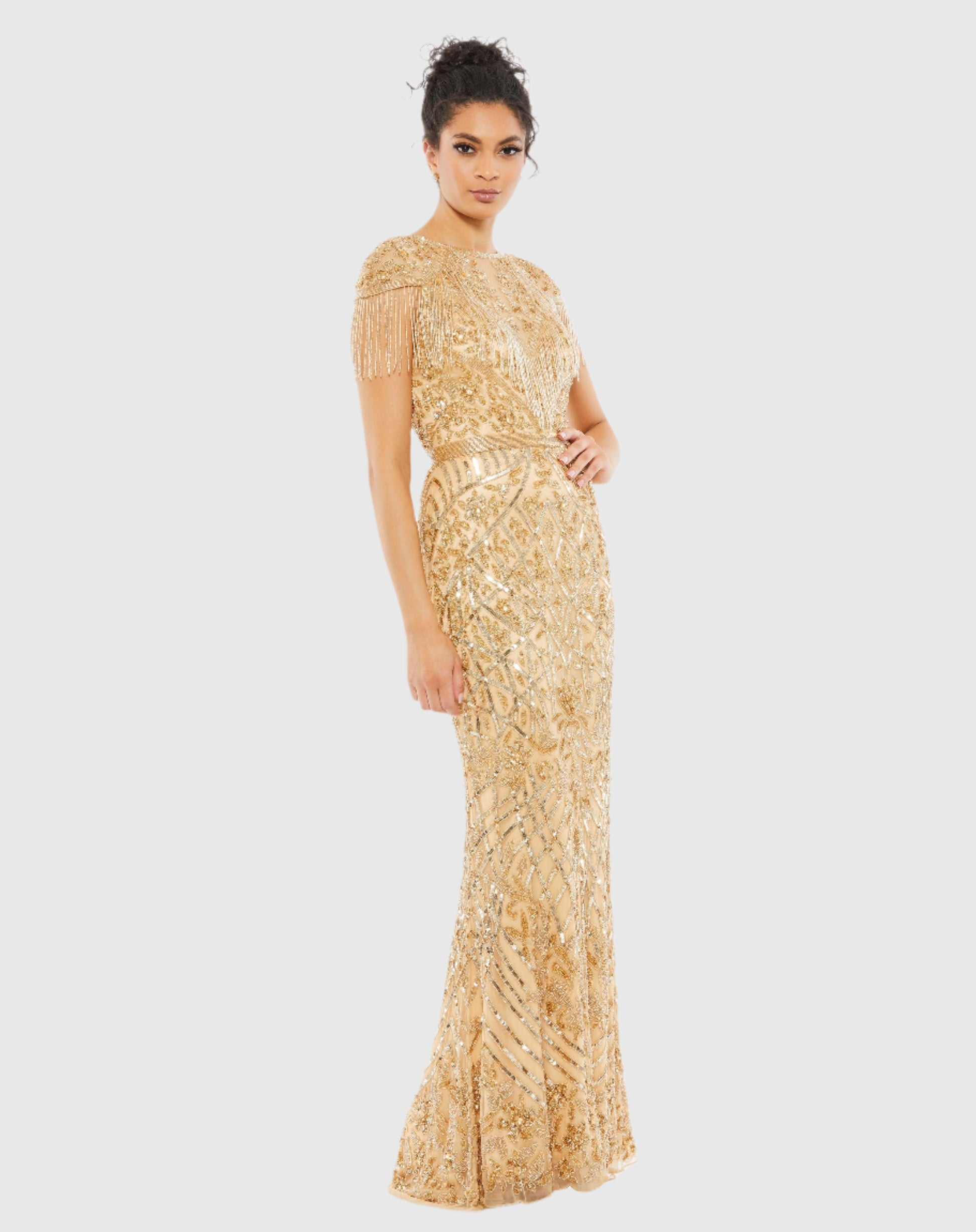 Gold Embellished Fringe Cap Sleeve Trumpet Gown | Mac Duggal Gold Embellished Fringe Cap Sleeve Trumpet Gown | Mac Duggal