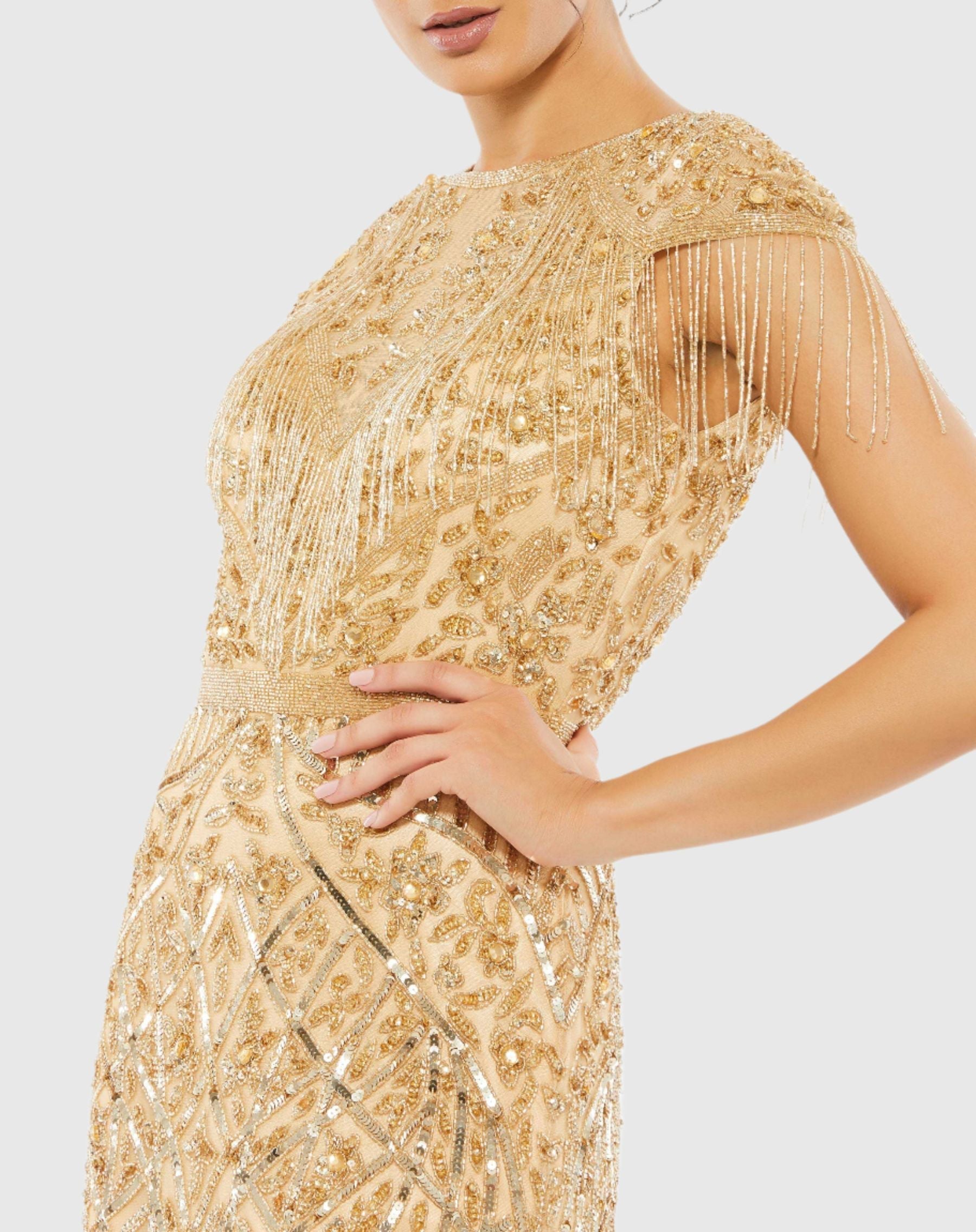 Gold Embellished Fringe Cap Sleeve Trumpet Gown | Mac Duggal Gold Embellished Fringe Cap Sleeve Trumpet Gown | Mac Duggal