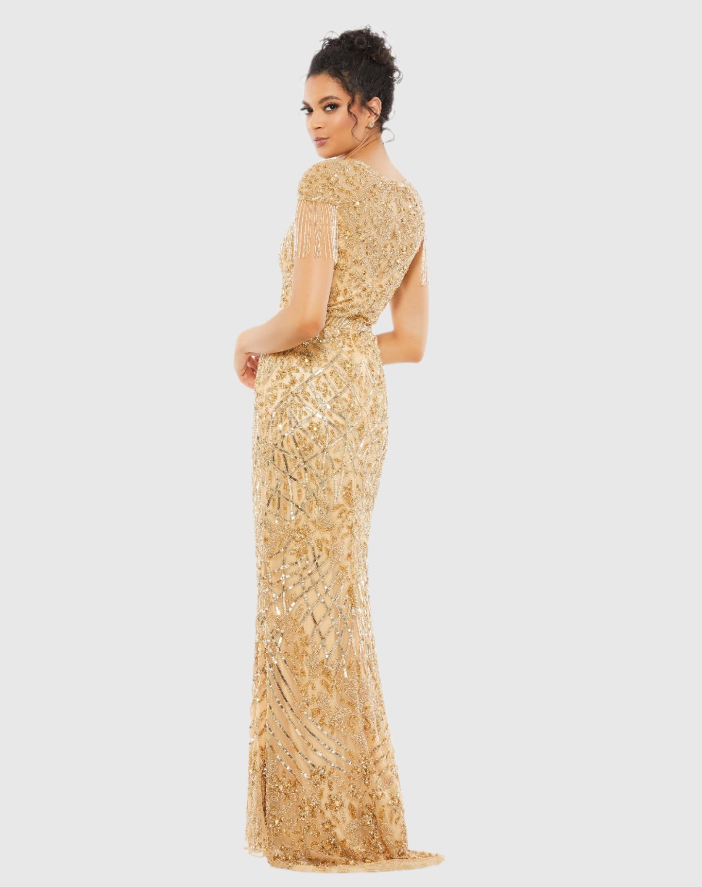 Embellished Fringe Cap Sleeve Trumpet Gown