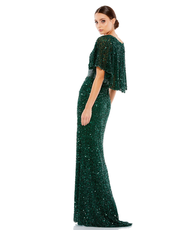Sequined V-Neck Cape Sleeve Beaded Waist Gown – Mac Duggal