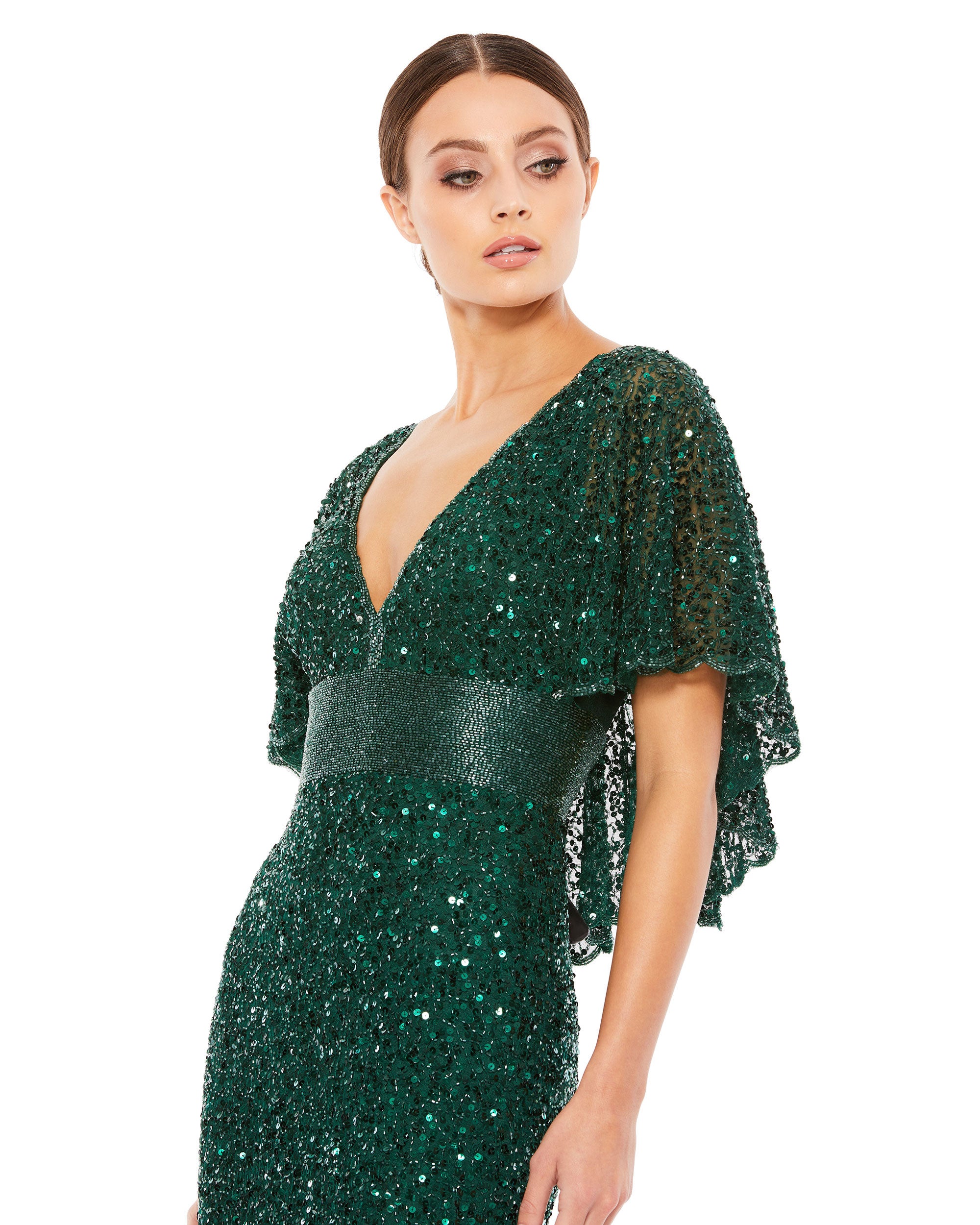 Sequined V-Neck Cape Sleeve Beaded Waist Gown – Mac Duggal