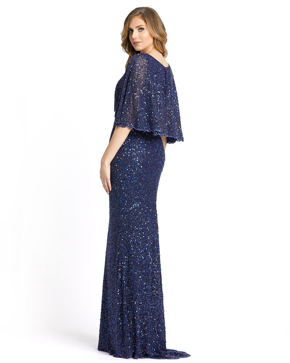 Sequined V-Neck Cape Sleeve Beaded Waist Gown
