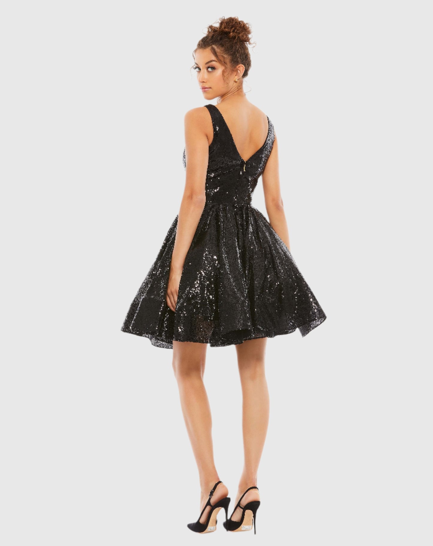Black Sequin V Neck Fit & Flare Mini Dress Ieena for Mac Duggal