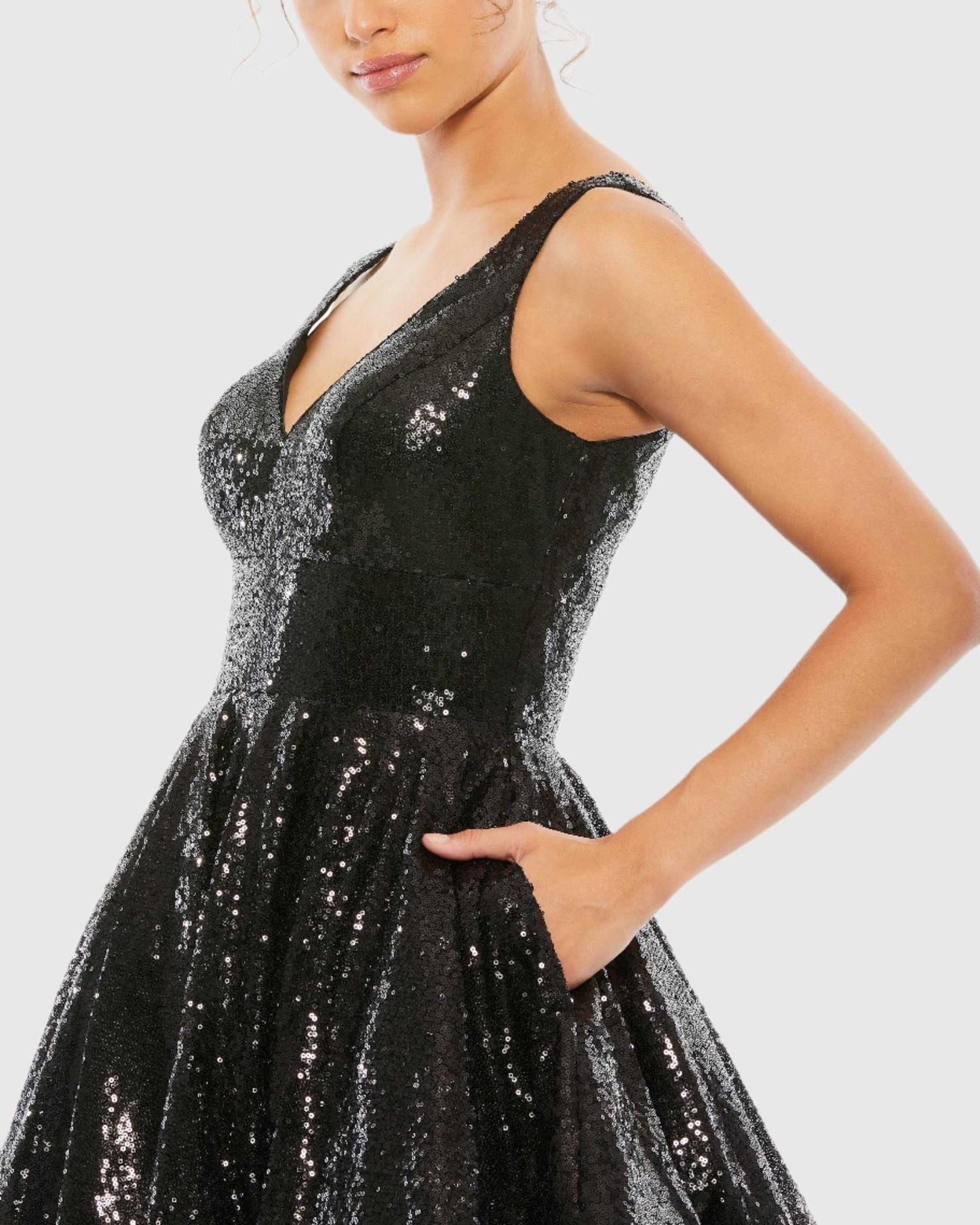 Black Sequin V Neck Fit & Flare Mini Dress Ieena for Mac Duggal