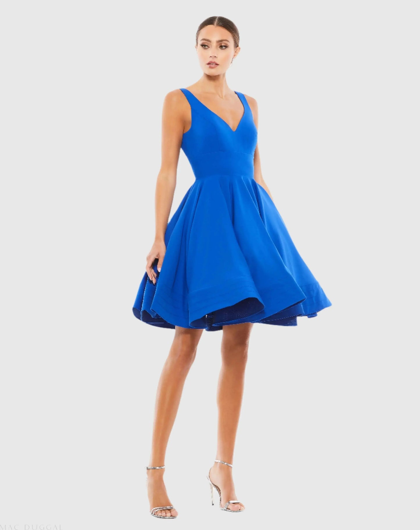 Blue V Neck Fit & Flare Mini Dress - Ieena for Mac Duggal