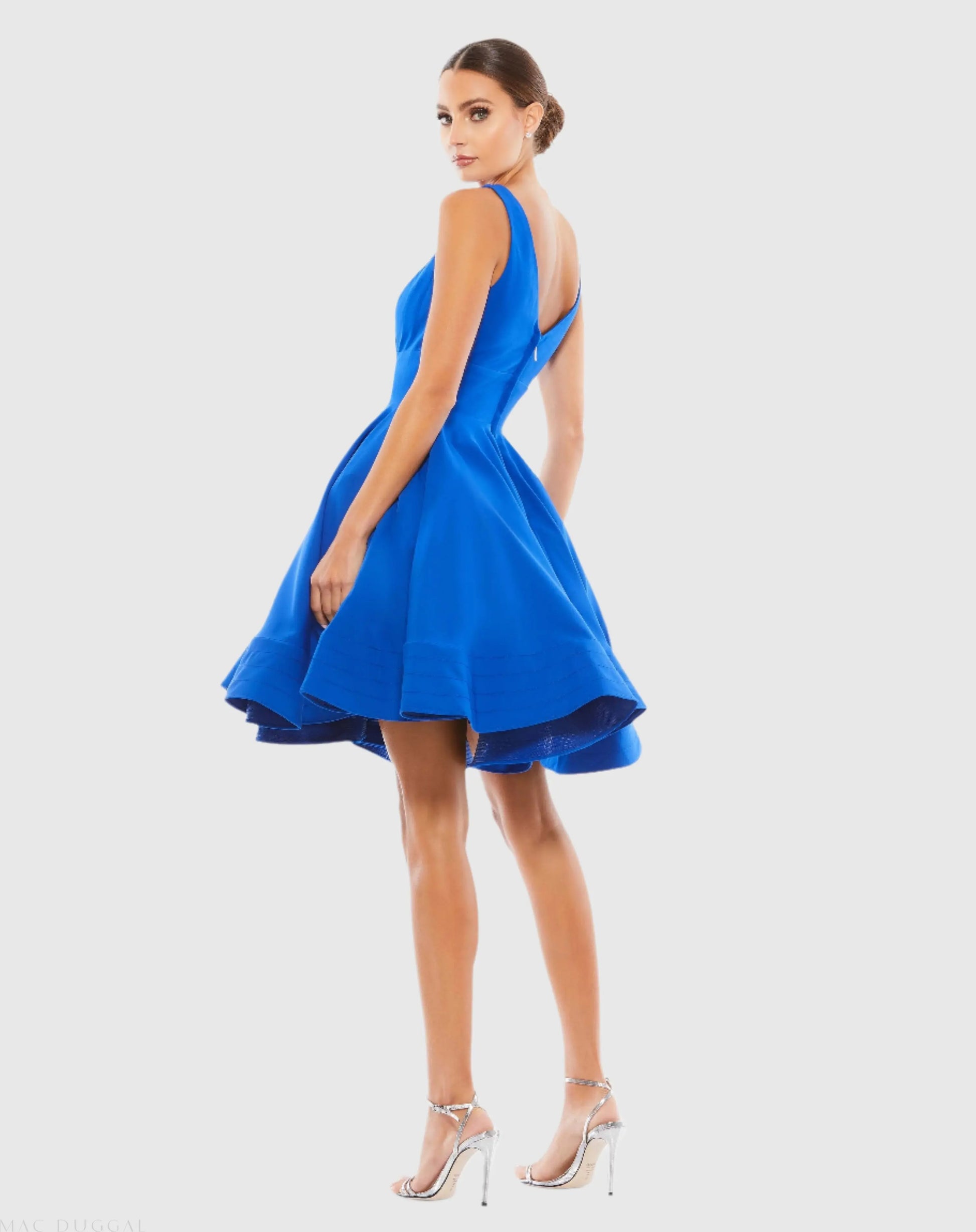 Blue V Neck Fit & Flare Mini Dress - Ieena for Mac Duggal
