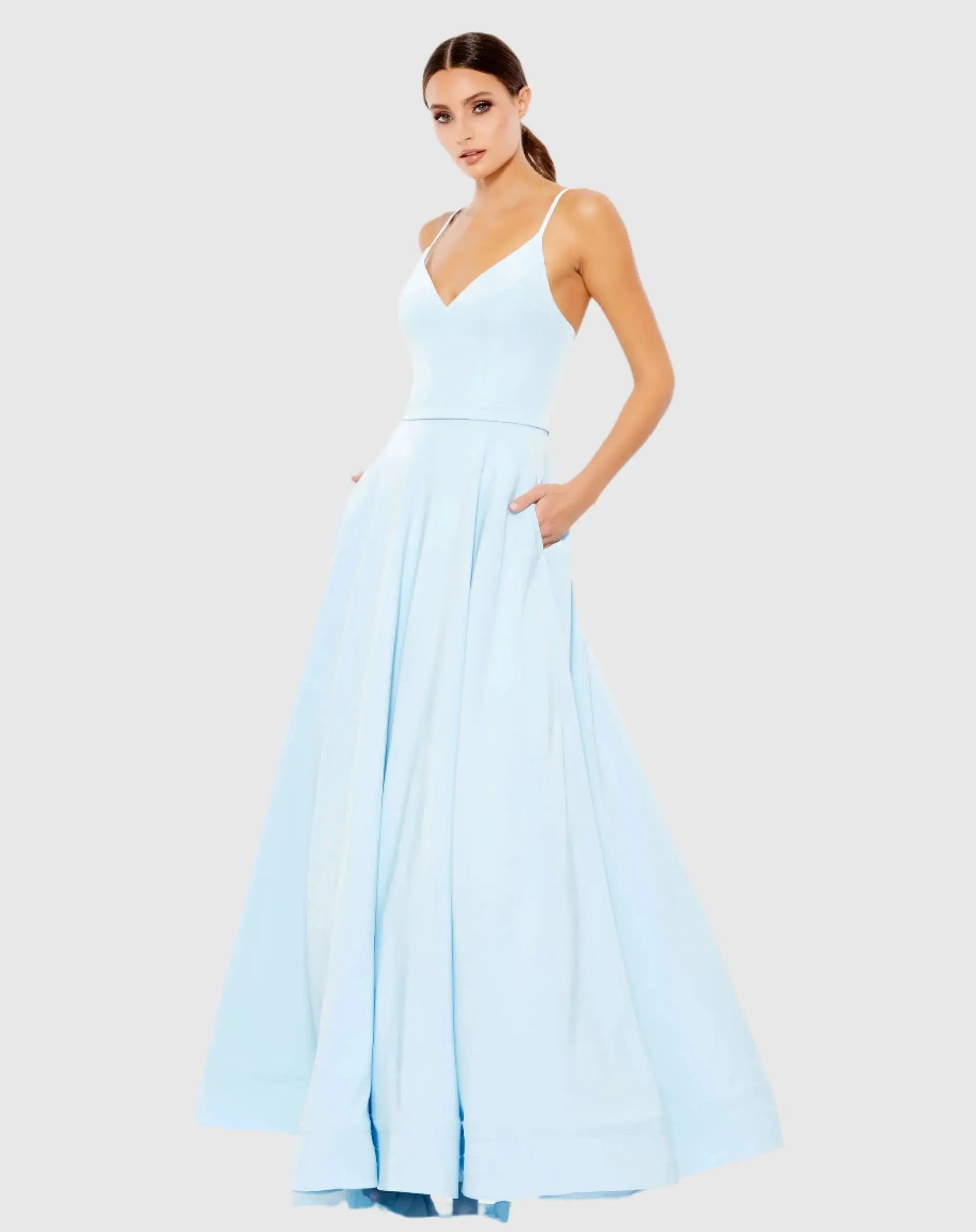 Light Blue Classic A-Line V-Neck Ball Gown | Mac Duggal Light Blue Classic A-Line V-Neck Ball Gown | Mac Duggal