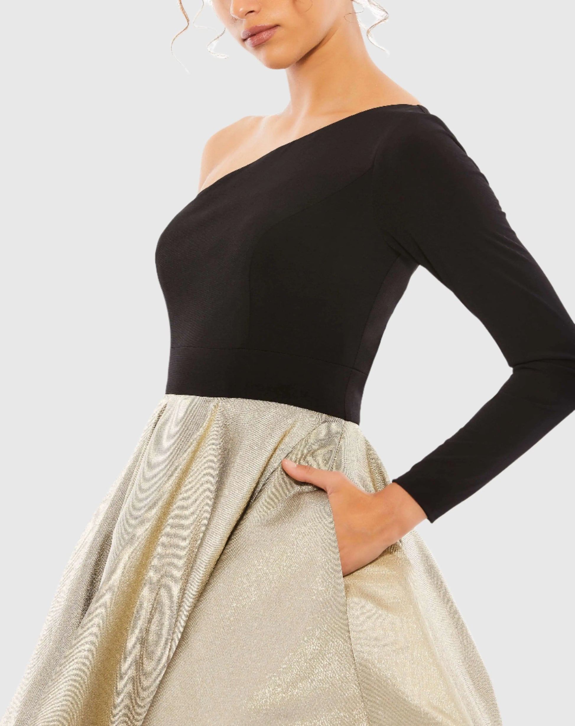 Black & Gold One Shoulder A-Line Dress - FINAL SALE Ieena for Mac Duggal