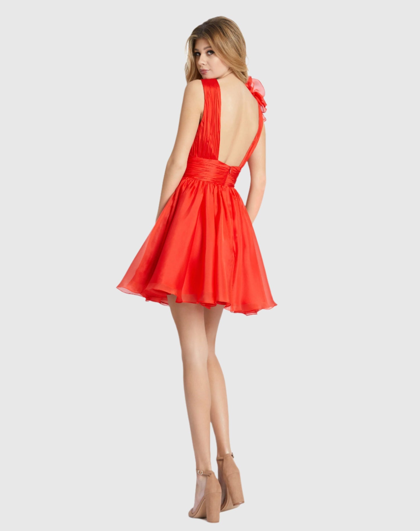 Ruffle Shoulder Empire Waist Deep V-Neck Dress