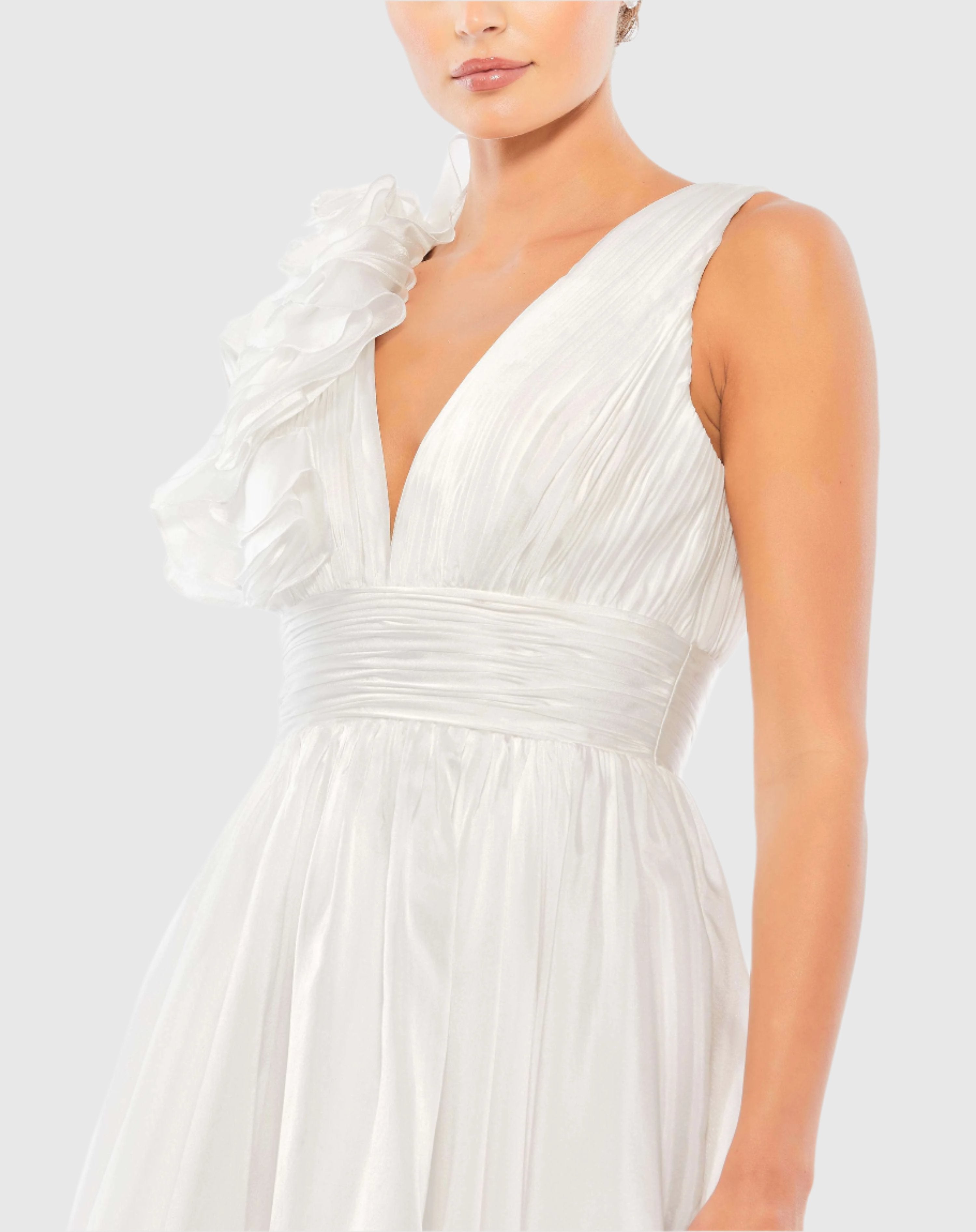 White Ruffle V Neck Fit & Flare Mini Dress - Ieena for Mac Duggal