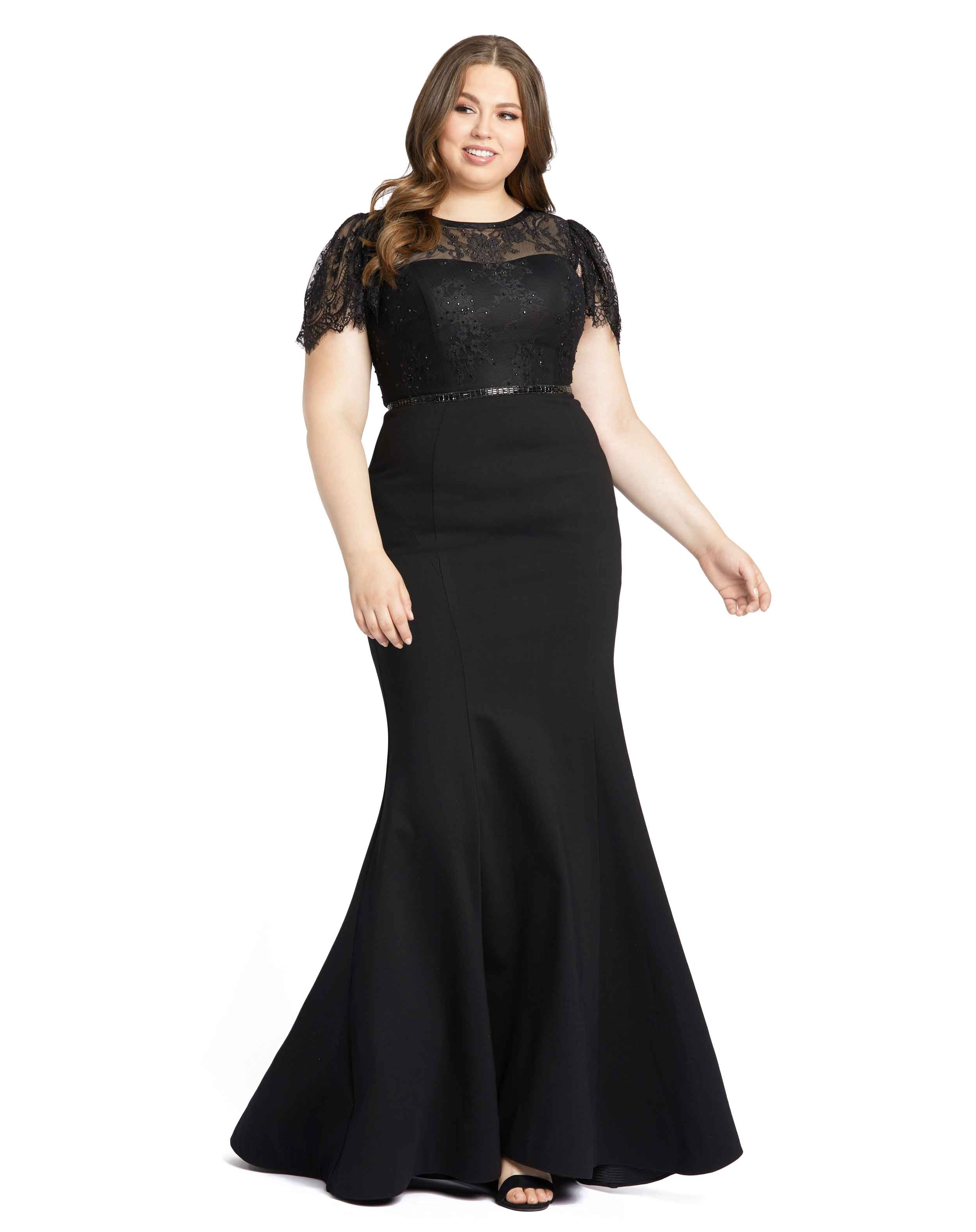 Lace Illusion High Neck Cap Sleeve Gown