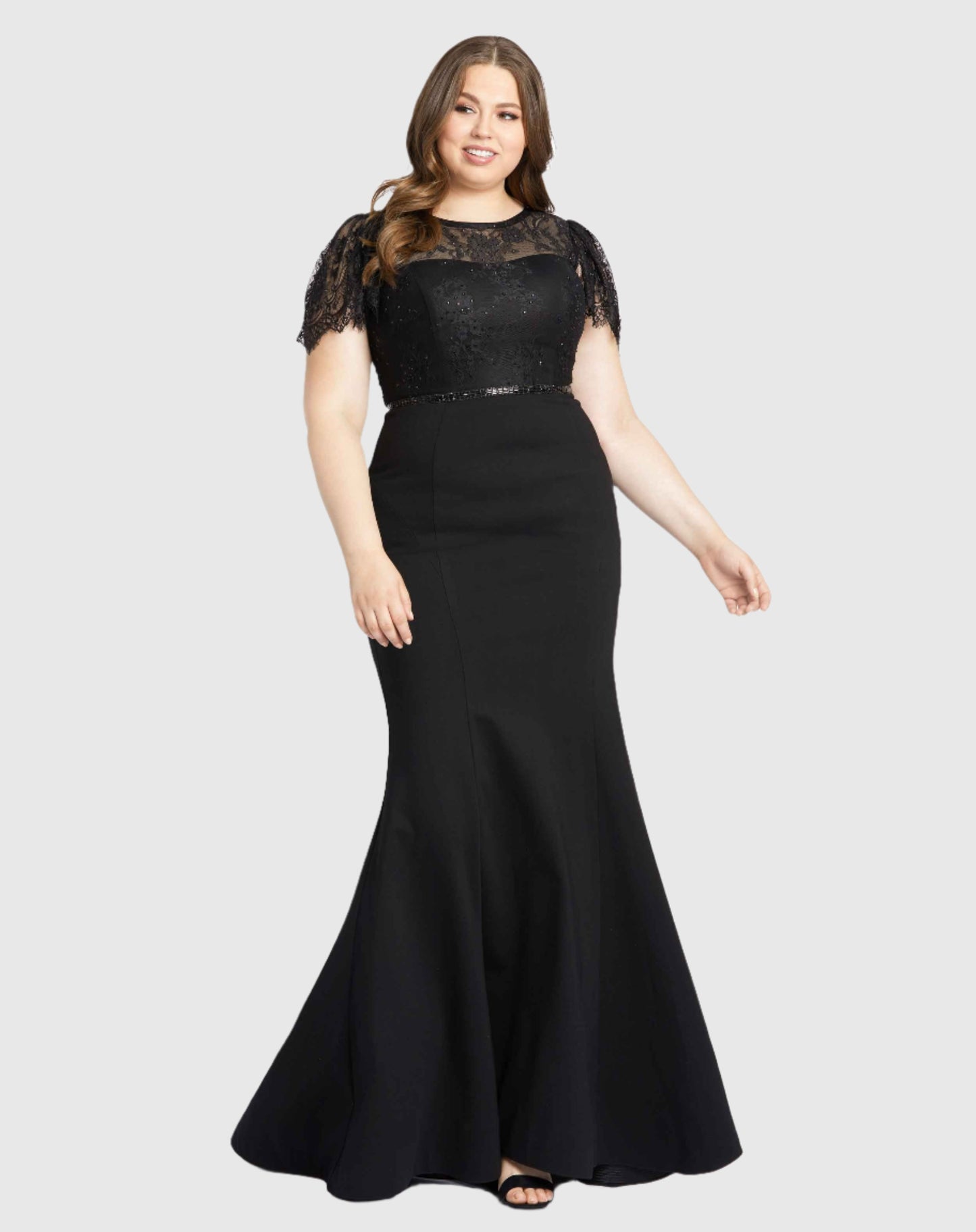 Lace Illusion High Neck Cap Sleeve Gown