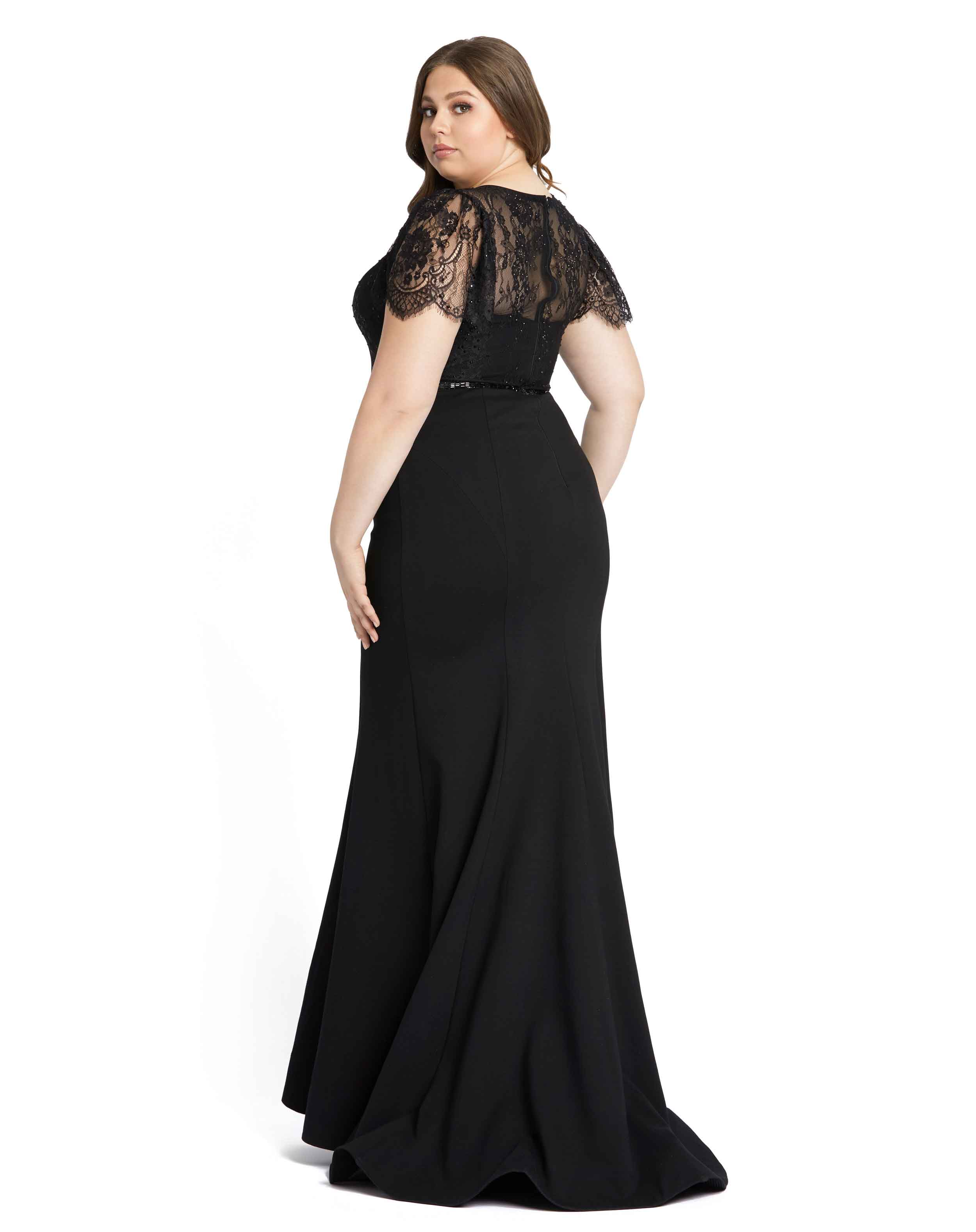 Lace Illusion High Neck Cap Sleeve Gown