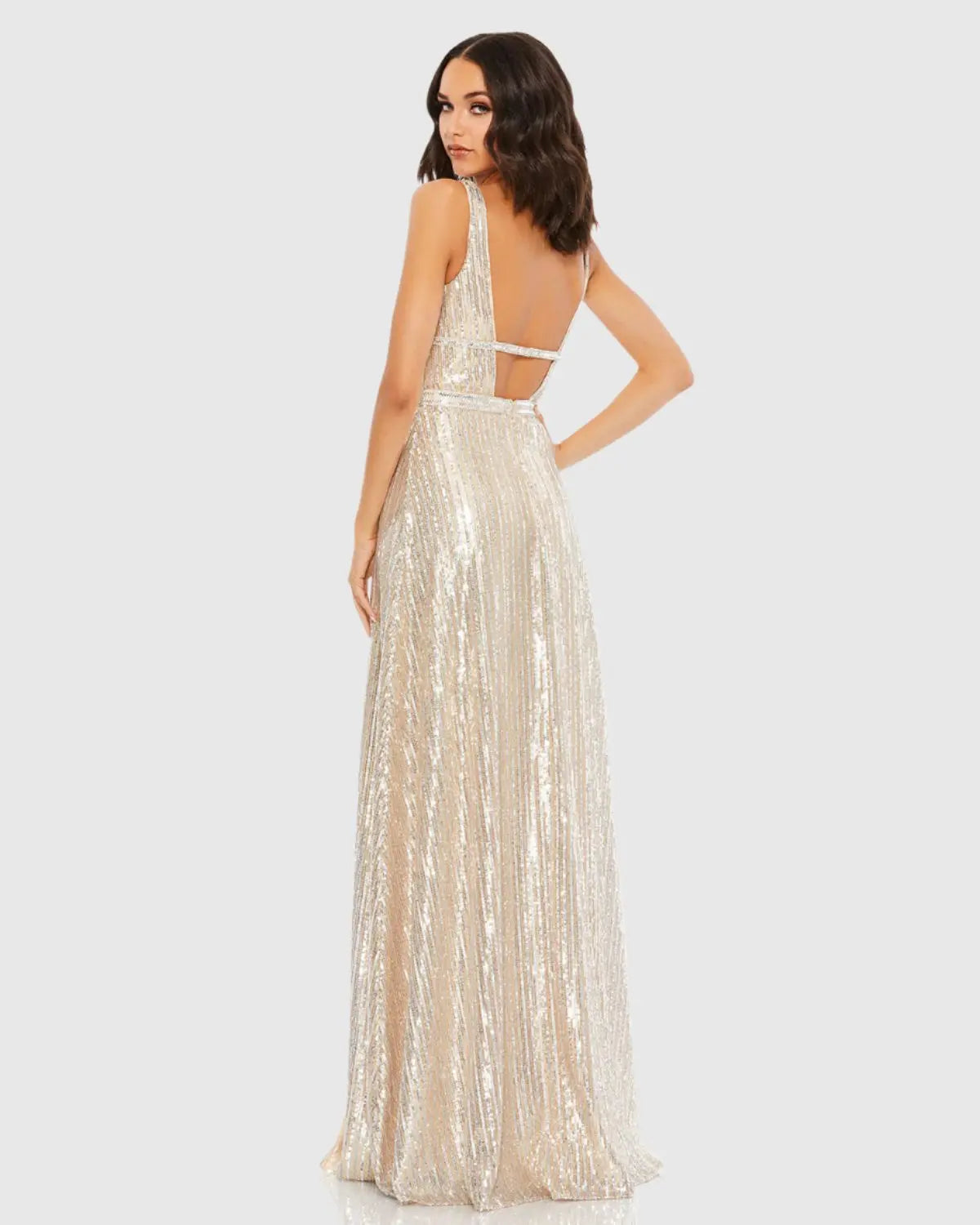 Metallic Sequined Plunge Neck Gown - Mac Duggal