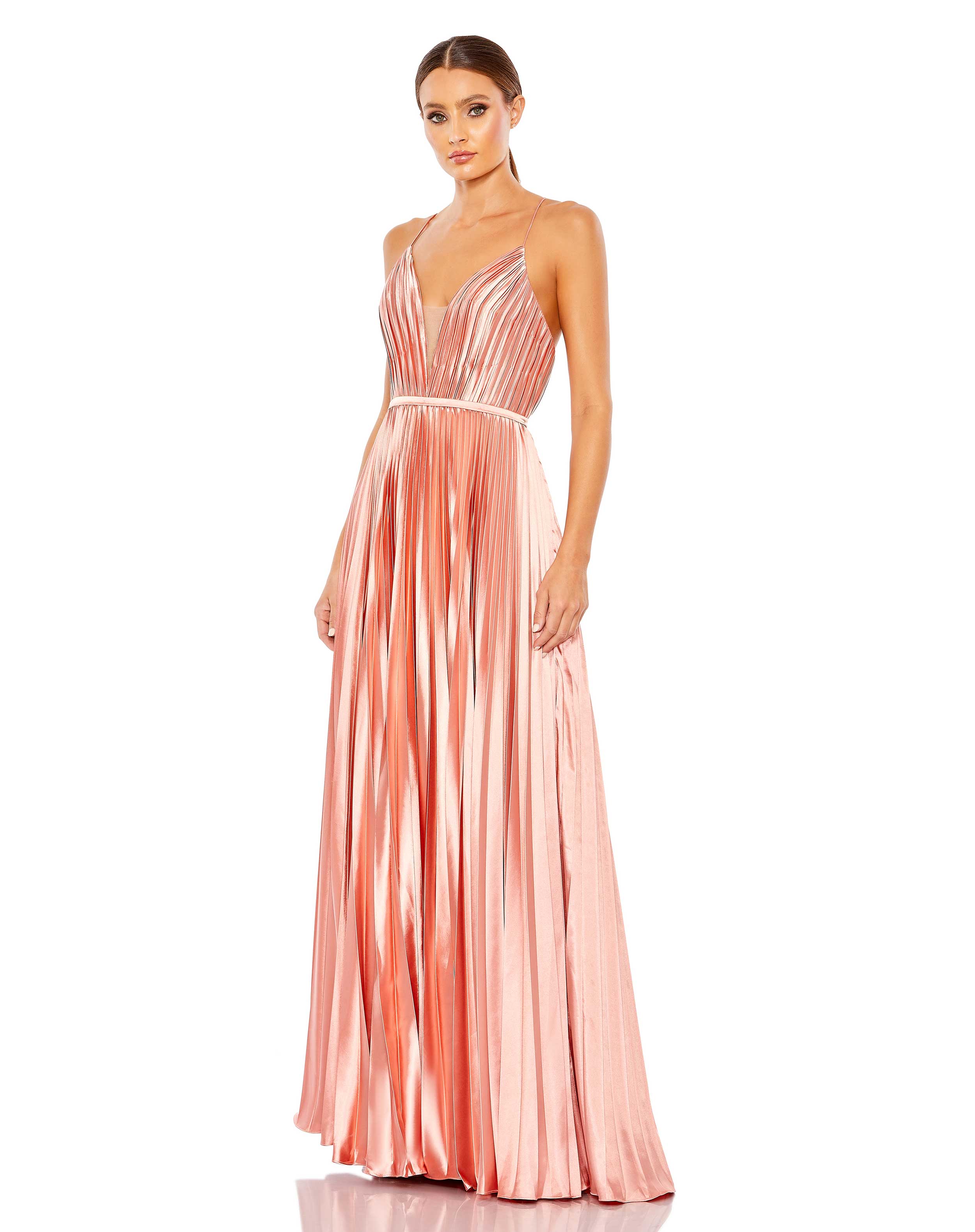 Plunge Neck Pleated Evening Gown