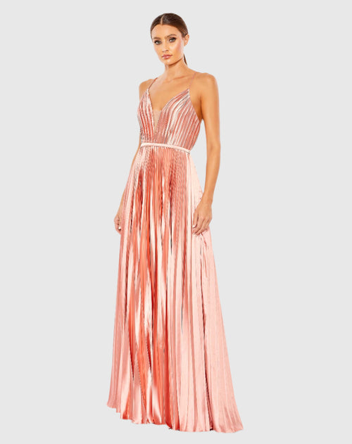 Pink Plunge Neck Pleated Evening Gown