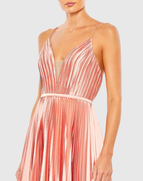 Pink Plunge Neck Pleated Evening Gown