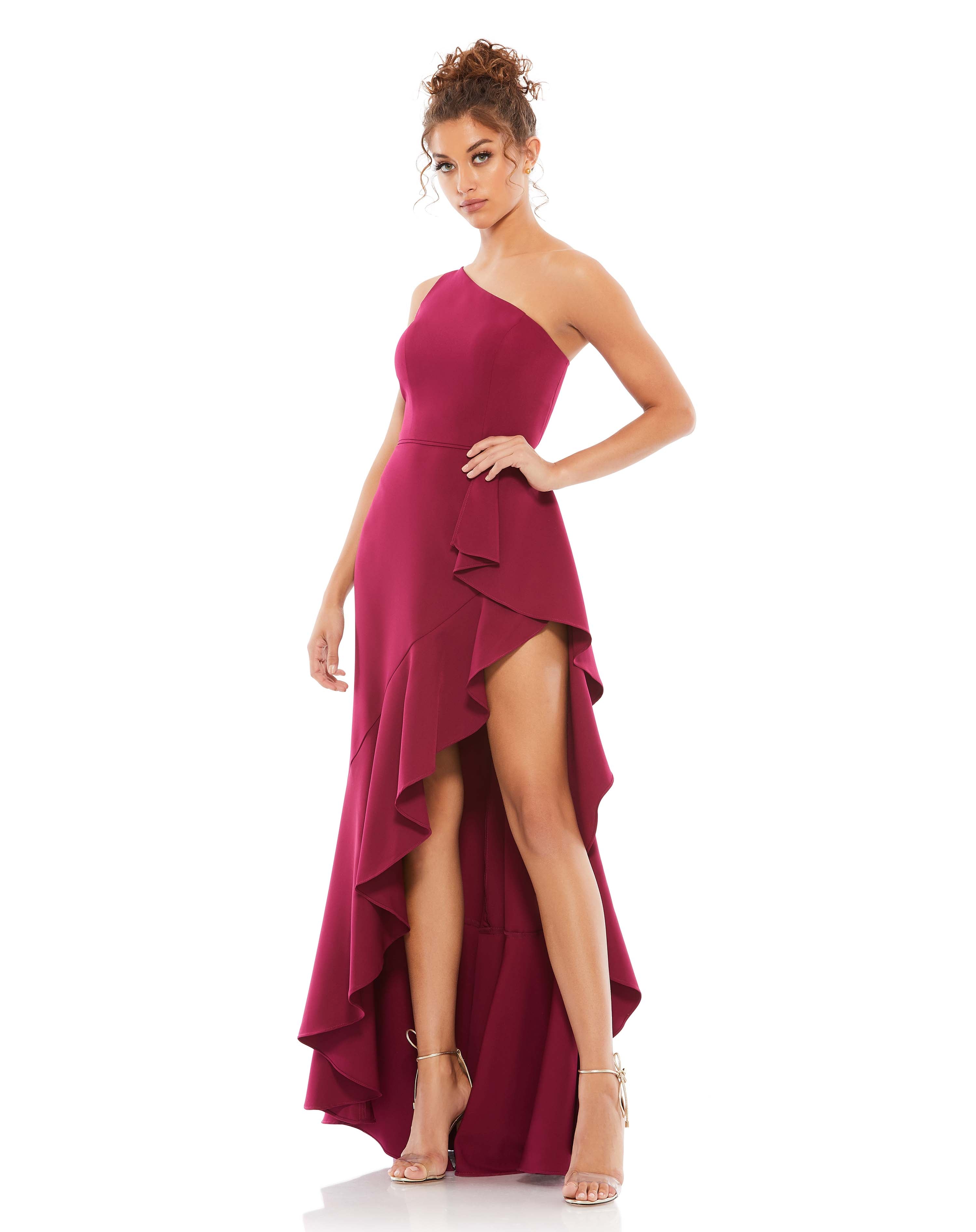 One Shoulder High Slit Ruffle Gown