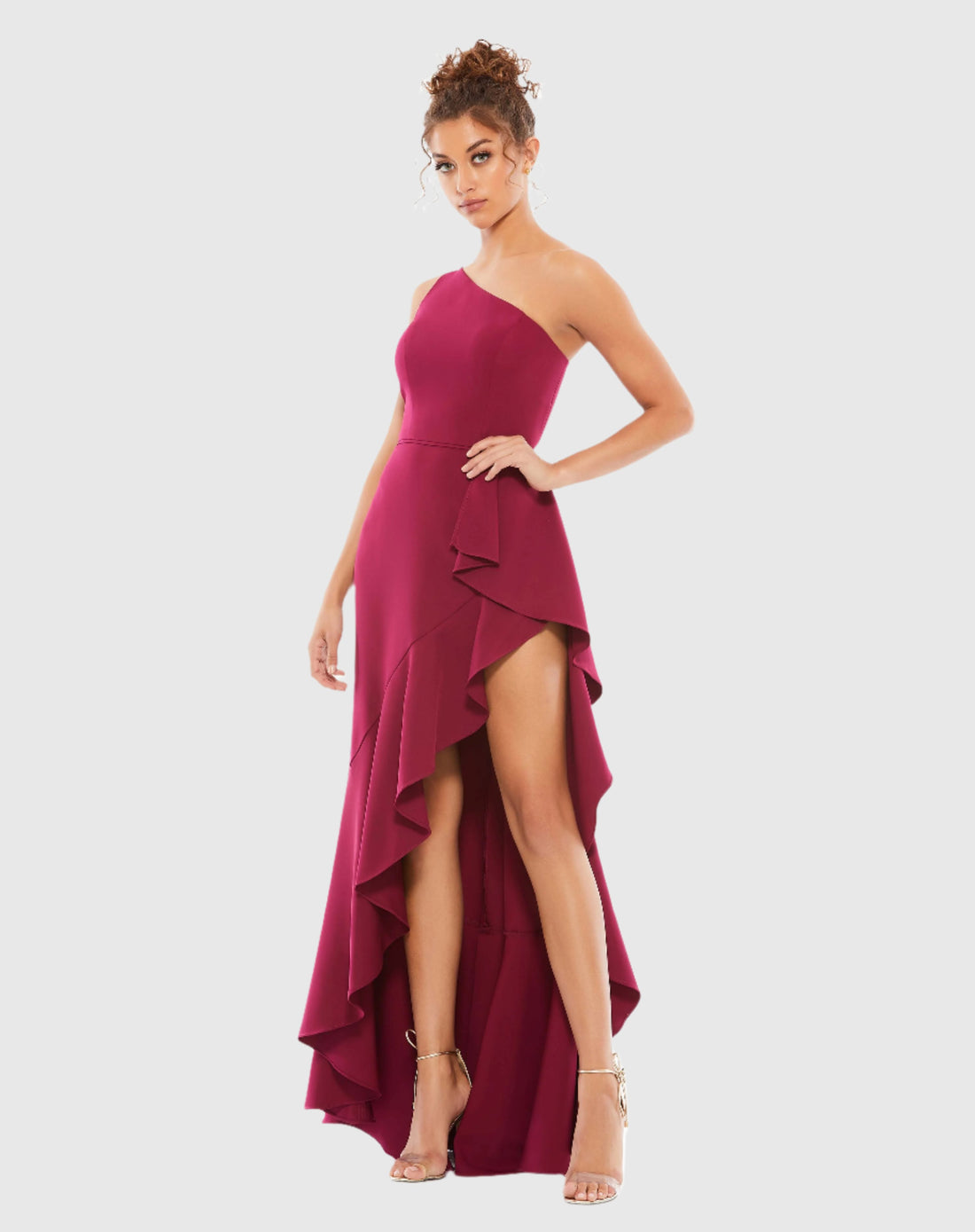 One Shoulder High Slit Ruffle Gown