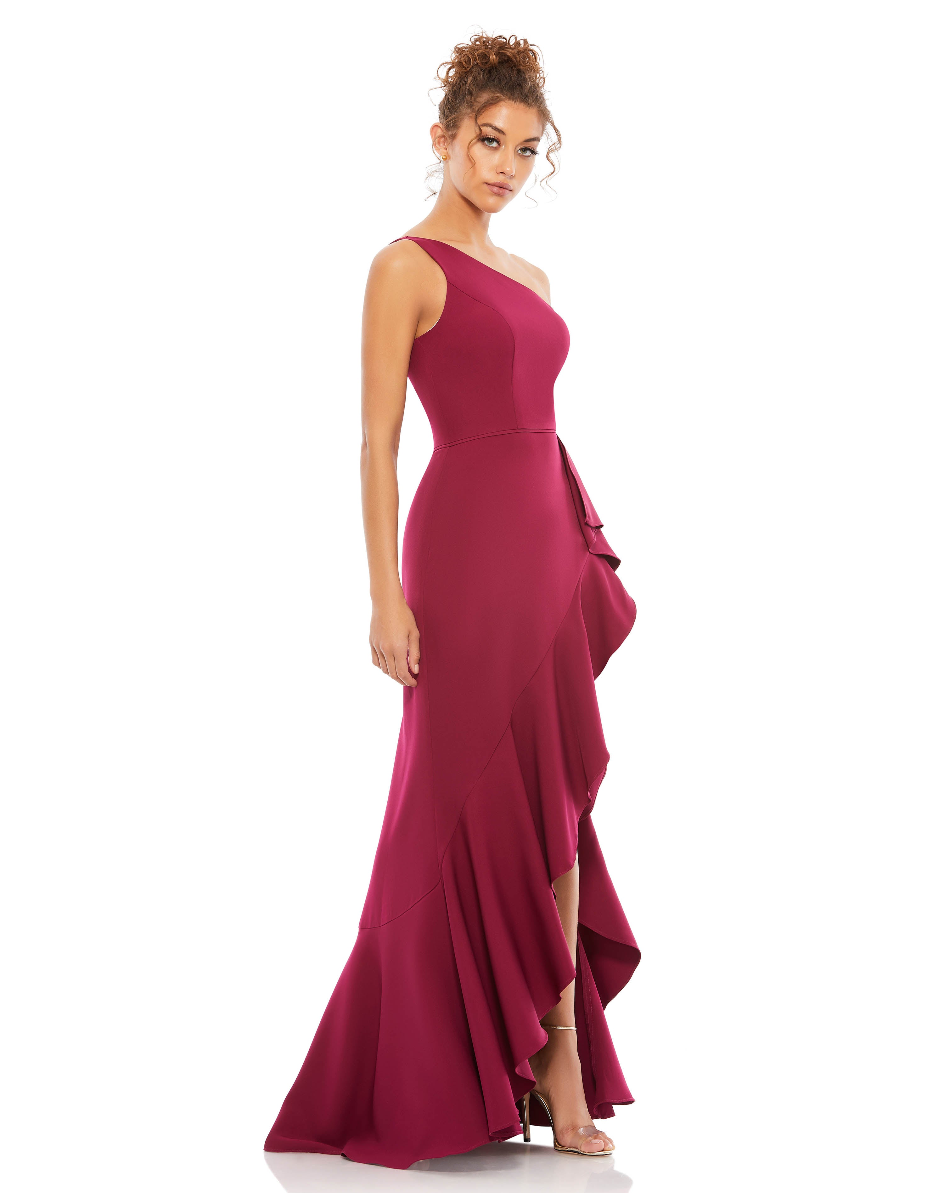 One Shoulder High Slit Ruffle Gown - Final Sale
